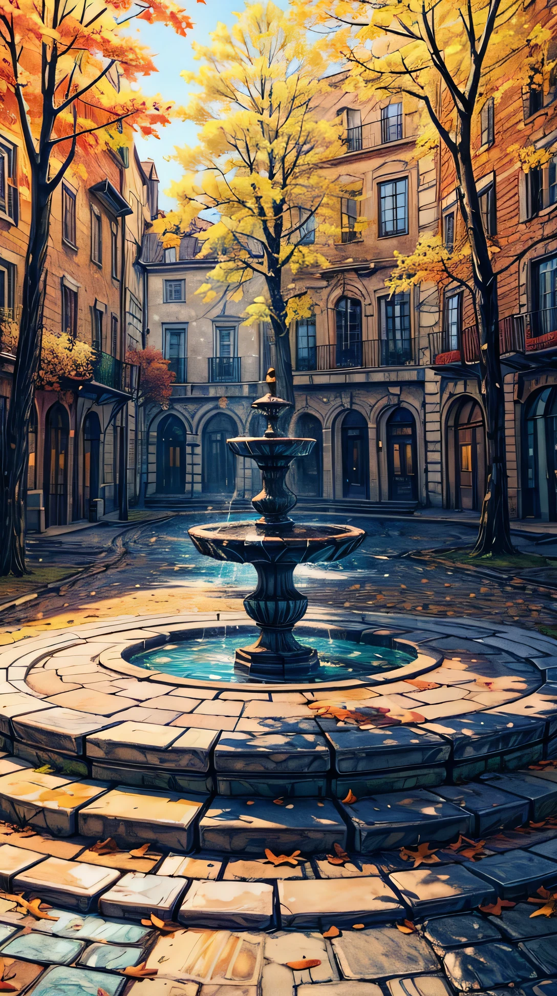 (landscape), An empty town square with an old stone fountain at its center, autumn leaves scattered across the cobblestones.