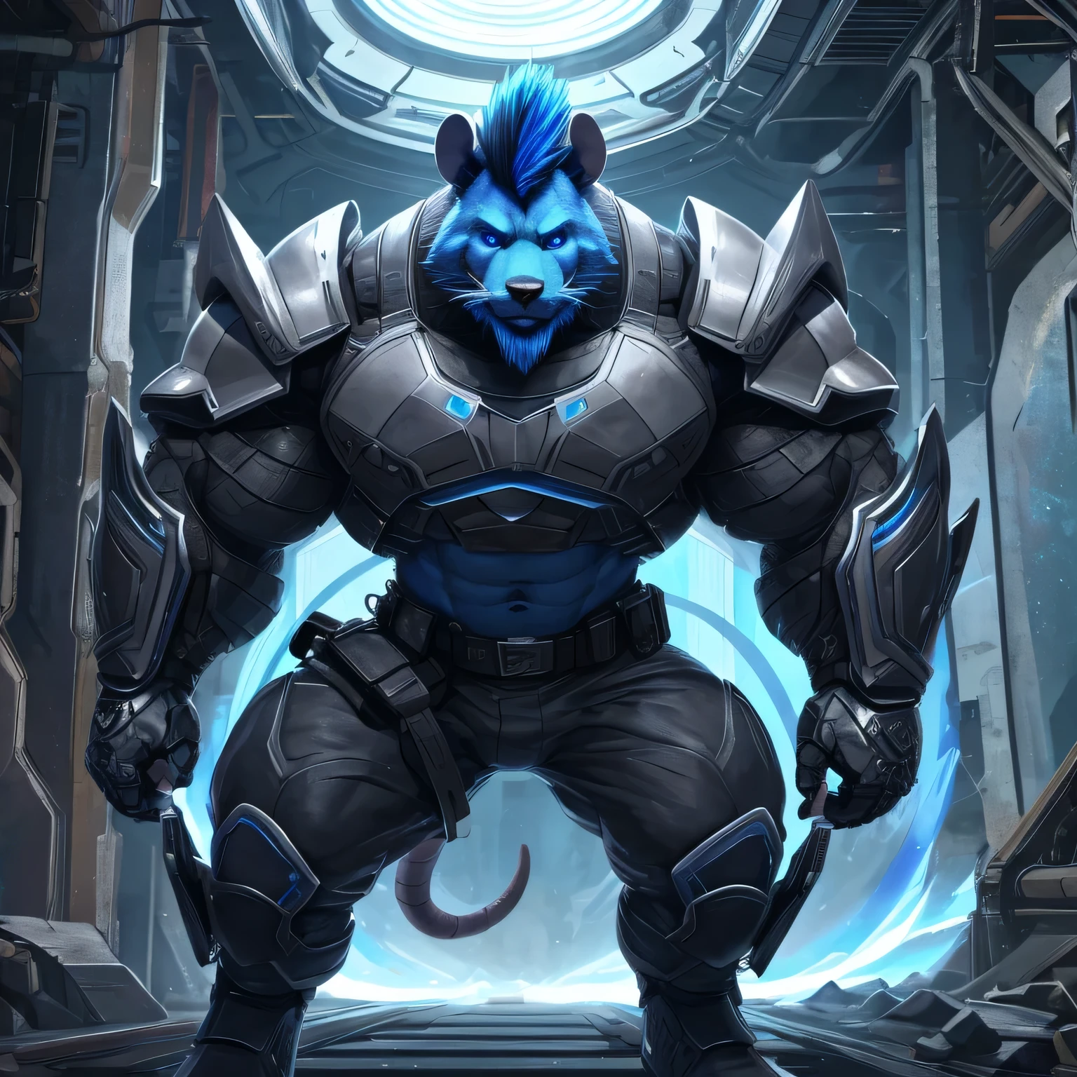 An anthropomorphic badass experiment rat (realistic, detailed, american shot, aesthetic physique, aesthetic proportions, 1 meters tall, small, thick large oversized upperbody muscles, well-built body, rat head (rat head, black thick full mustache, black thick trimmed midlong full beard, black thick mohawk hairstyle, bright blue eyes, dark-blue fur) dark-blue fur, wears a blue futurustic heavy bodyarmor, wears a futuristic grey armored pant, wears futuristic black military boots, wears a blue futurustic heavy bodyarmor, coming back from another dimension) jumping out of a portal to another blue dimension.