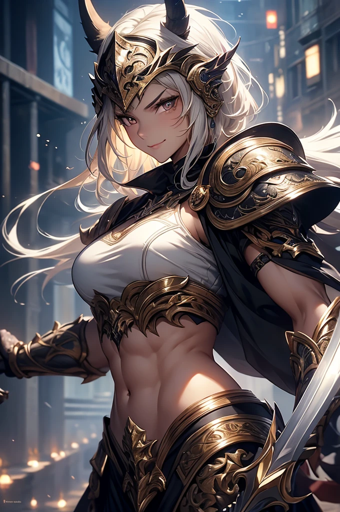 masterpiece,best quality,extremely detailed CG,ultra-detailed,beautiful detailed eyes,1girl,beast girl,muscular,abs,curvy,fang,angry smile,black bodypaint,blond hair,brown eyes,short hair,silver metal armor,holding sword,helmet,