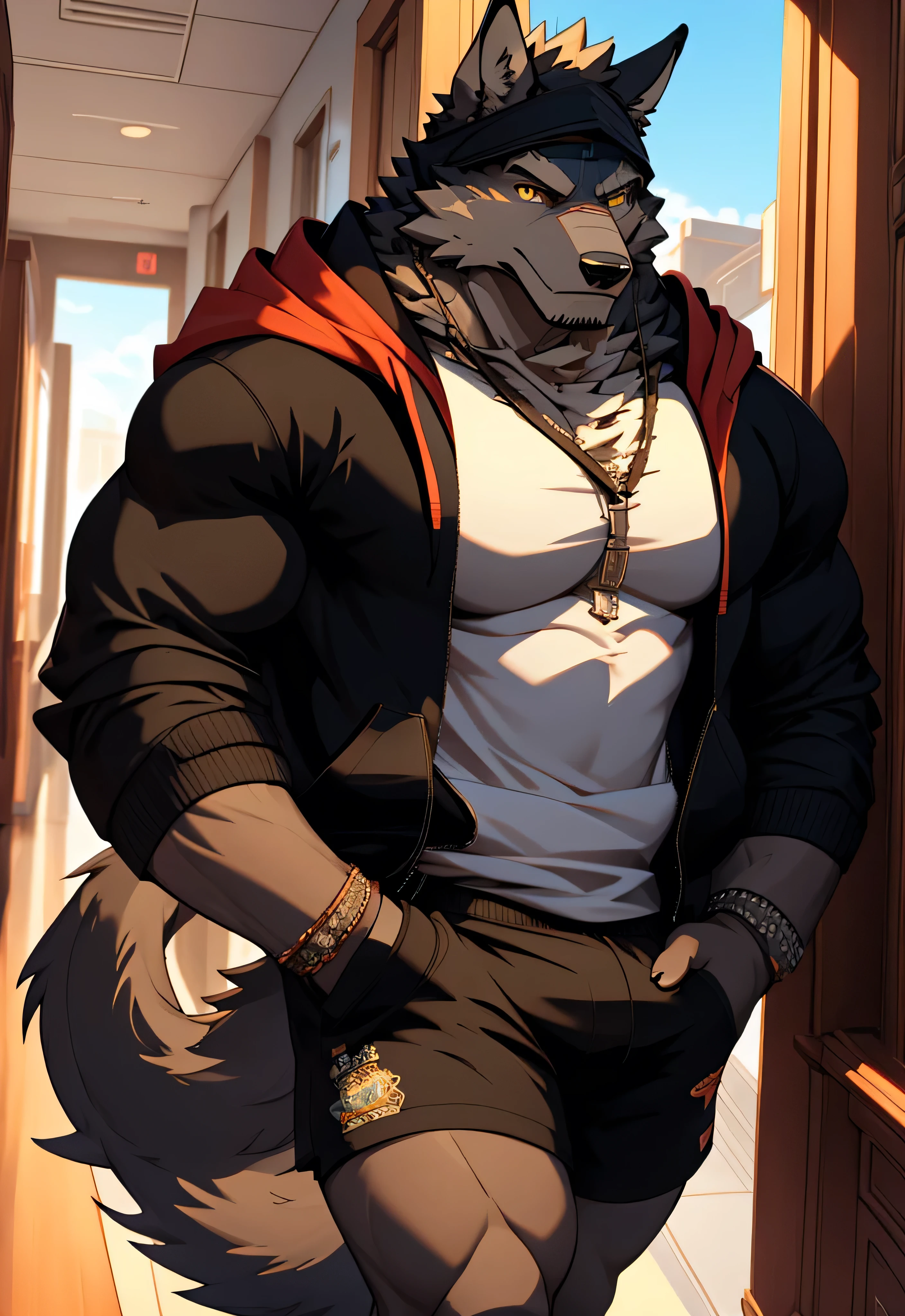 (masterpiece)，(Very detailed)，(best quality)，8K，(high quality)，(Ultra high quality)，(Super detailed),Solitary，bust，black wolf，hairy body，Furry Characters，black hoodie，Black shorts，Best image quality， not smiling ，Eyes Details，Airplane，school corridor ，student，，Wolf Orc，masterpiece， tail，Meticulous facial details, looking mad and dangerous, muscular legs