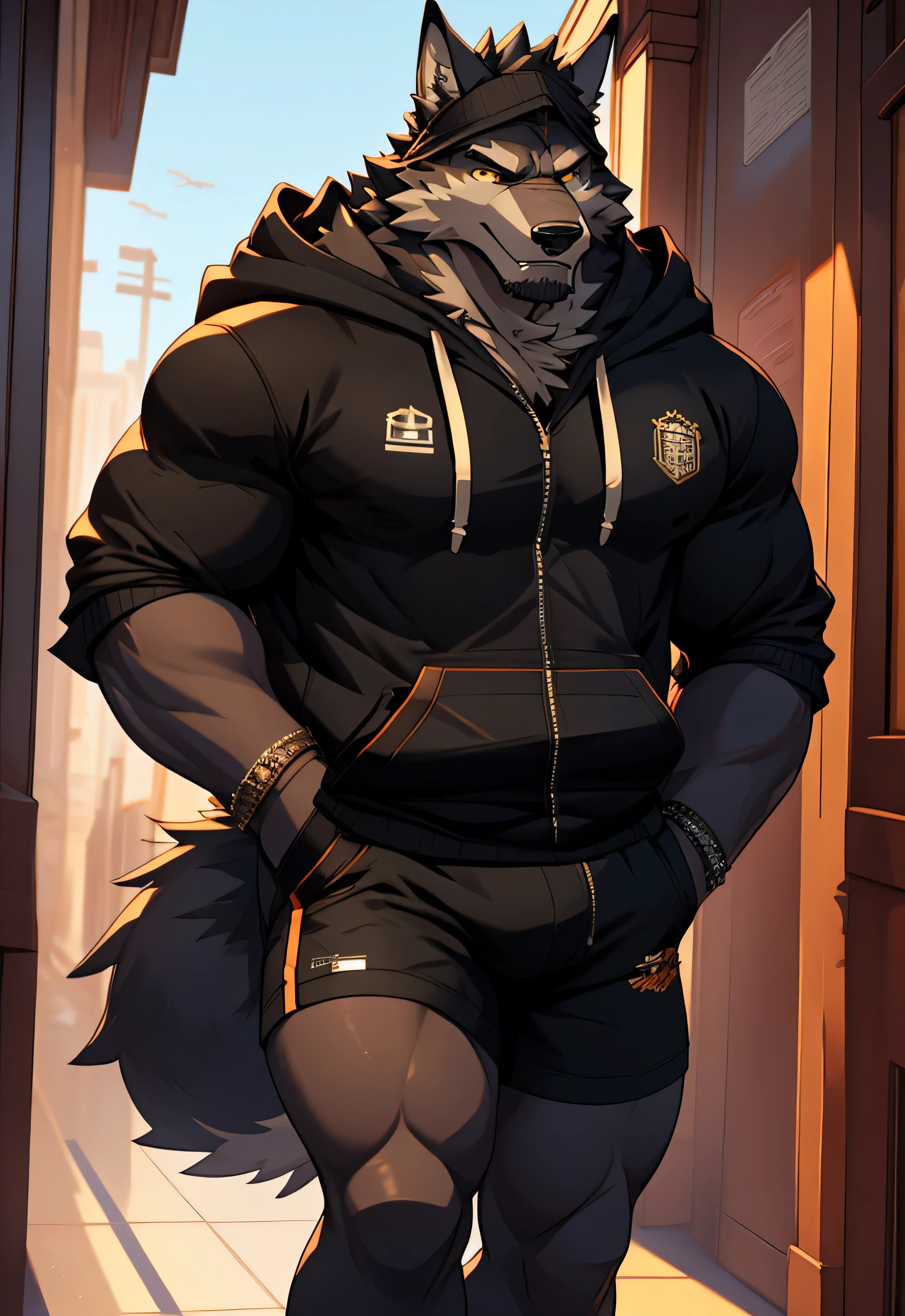 (masterpiece)，(Very detailed)，(best quality)，8K，(high quality)，(Ultra high quality)，(Super detailed),Solitary，bust，black wolf，hairy body，Furry Characters，black hoodie，Black shorts，Best image quality， not smiling ，Eyes Details，Airplane，school corridor ，student，，Wolf Orc，masterpiece， tail，Meticulous facial details, looking mad and dangerous, muscular legs