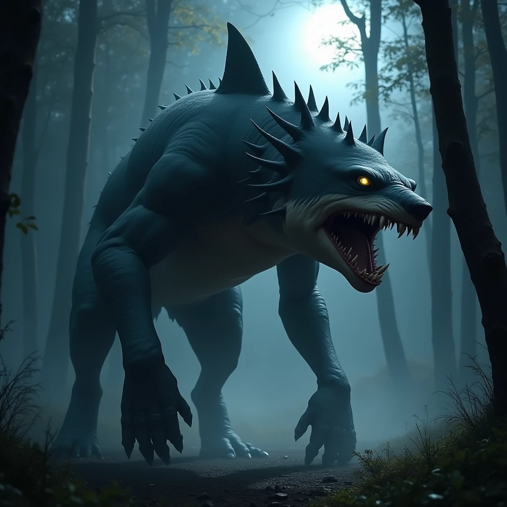 black monster crocodile alien evil sci-fi fog, wet skin, raining