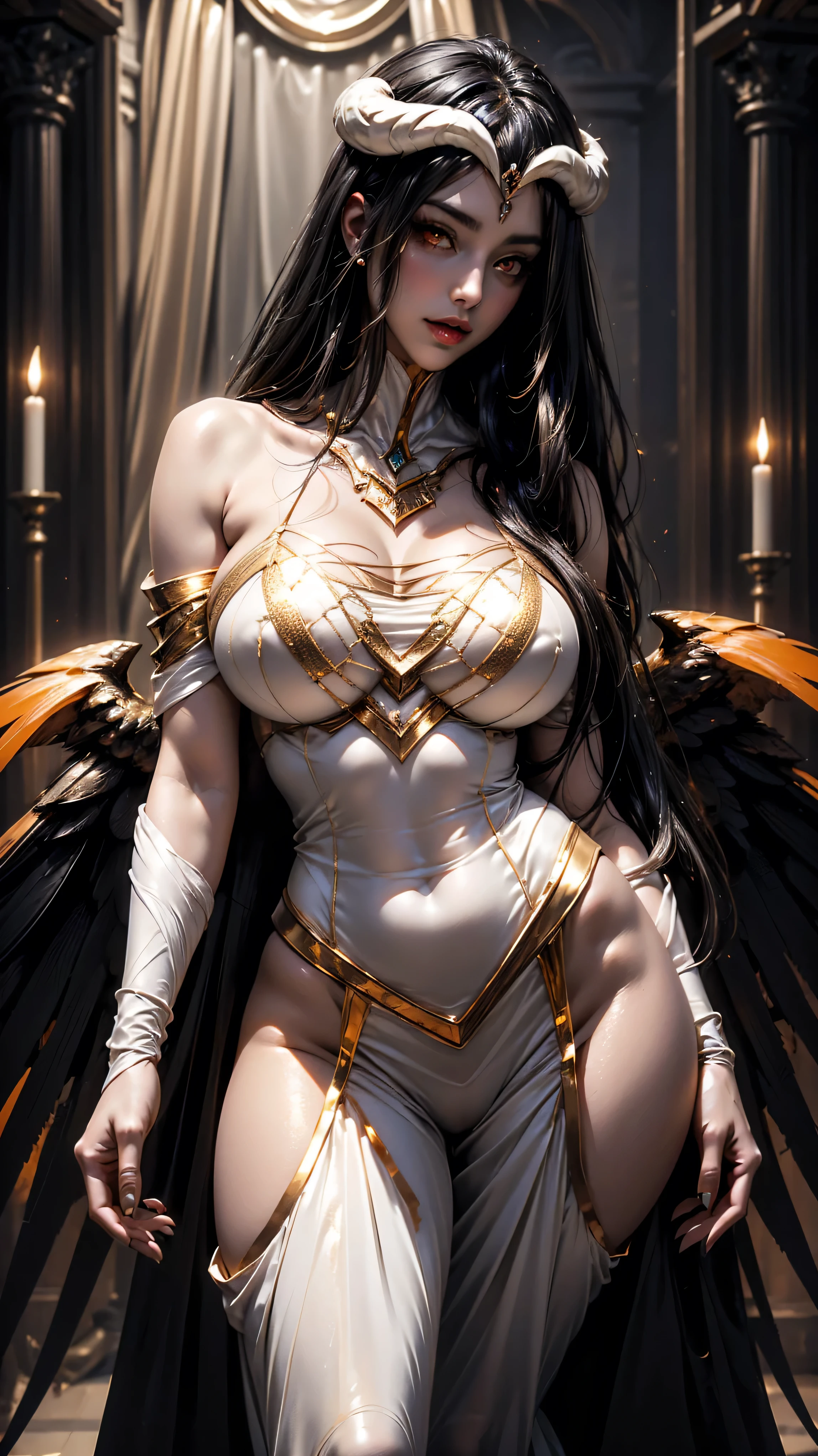 A (super realistic) beautiful sexy wife (albedo_overlord) with (glossy orange colour eyes with highest detailing) and white attire(detailed) with gold jewellery on breast, beautiful breast(sexy), black long beautiful hair, hyper detailed black devil's wings (every thing with best detailing), full body (standing still)