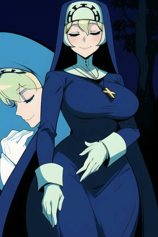 Double, short blonde hair, medium breasts, solo, smiling, cowboy shot, closed eyes, 
 blue habit, cross necklace ,white gloves, long sleeves, nun, long skirts, cape, full body view 
(insanely detailed, beautiful detailed face,beautiful detailed eyes, masterpiece, best quality) forest 
   