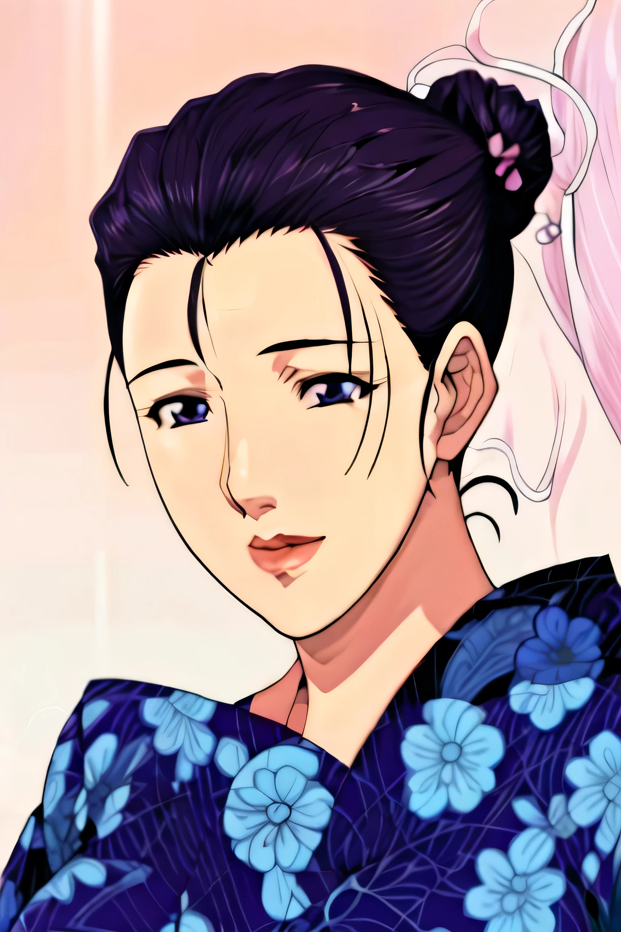 Simple Background,White Background,
purple kimono,floral print,japanese clothes,wide sleeves,long sleeves,
cleavage,
purple eyes, black hair,bangs,hair bun,
1 girl,Young female,Beautiful long legs,Beautiful body,
Beautiful Nose,Beautiful character design, perfect eyes, perfect face,expressive eyes,perfect balance,
looking at viewer,(Focus on her face),closed mouth, (innocent_big_eyes:1.0),(Light_Smile:0.3),
official art,extremely detailed CG unity 8k wallpaper, perfect lighting,Colorful, Bright_Front_face_Lighting,White skin,
(masterpiece:1.0),(best_quality:1.0), ultra high res,4K,ultra-detailed,
photography, 8K, HDR, highres, absurdres:1.2, Kodak portra 400, film grain, blurry background, bokeh:1.2, lens flare, (vibrant_color:1.2),professional photograph,
(Beautiful,large_Breasts:1.4), (beautiful_face:1.5),(narrow_waist),big boobs, navy blue, single bun hairstyle