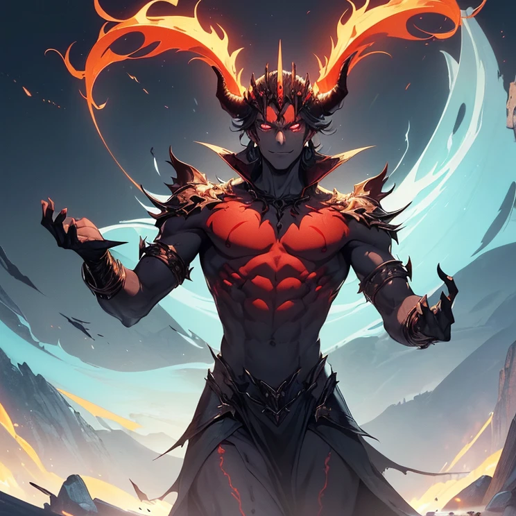 (absurdities, High resolutions, Ultra detailed, HDR), masterpiece, Best quality, Bald man sits on Demon with giant eye, with an arrogant look, only, rude man, Demon Eye, Giant Eye, Abominable, black demon wing, demon horn, Beautiful, Red eyes, bright eye, black robe, Earrings and accessories, bare chest, arrogant face, whole body, magic vortex, a spark, whirlpool, Black Aura, black and cloudy sky, abyss, abstract background, On the one hand, search, evil smile