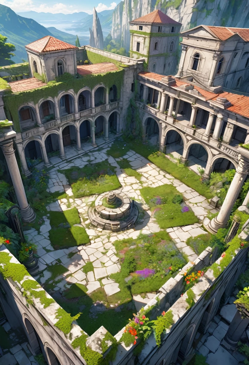 aerial view, Fantasy roman stately house, grey stone, abandoned, ruins, inner courtyard, vegetation, lianas, ivy, wild colorful flowers, stone walls, columns, mountain dirty stone city