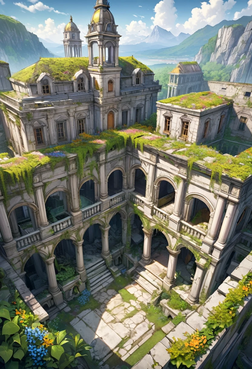 aerial view, Fantasy roman stately house, grey stone, abandoned, ruins, inner courtyard, vegetation, lianas, ivy, wild colorful flowers, stone walls, columns, mountain dirty stone city