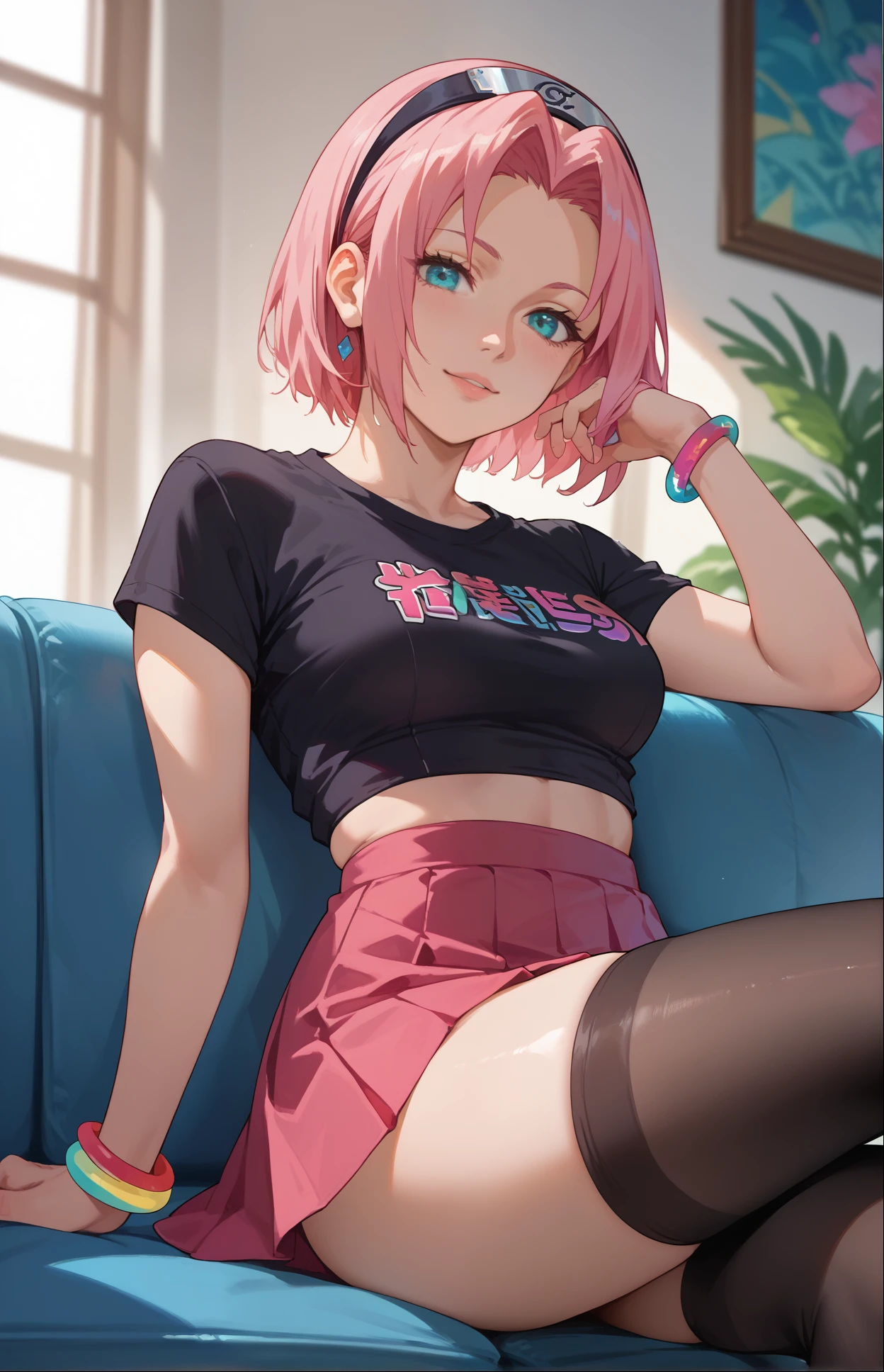 score_9, score_8_up, score_7_up, 1girl, 4k, sakura haruno, anime style, vibrant colors, masterpiece, pink hair, sitting on a couch in a living, black top, short skirt, black stockings, sexy pose, close up,