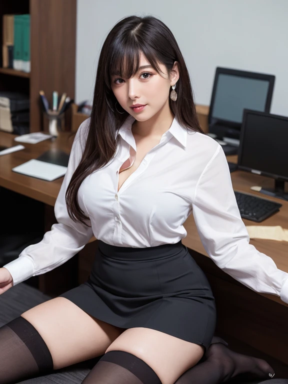 dutch angle, View from below, thick thighs, ((Wariza)), a lot of details, Perfect female body, detailed long hair, short wavy delicate hair, Lateral braid, detailed black hair, beatiful detailed hair, super fucking beautiful, happy, open mouth, perfect hands, small breast, perfect and delicate limbs, detailed skin, business suit, skirt, high heels, open jacket, gray Clothes, tentacles, an extremely delicate and beautiful,