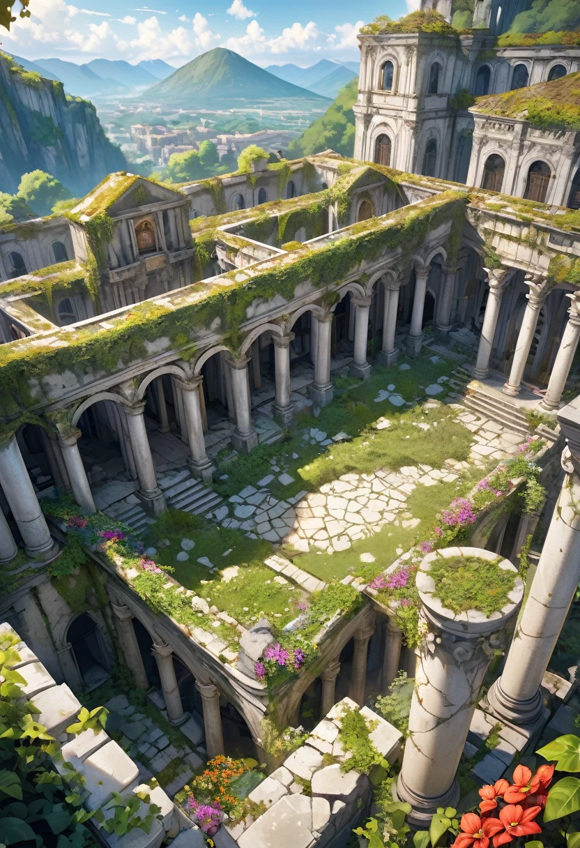 aerial view, Fantasy roman stately house, grey stone, abandoned, ruins, inner courtyard, vegetation, lianas, ivy, wild colorful flowers, stone walls, columns, mountain dirty stone city