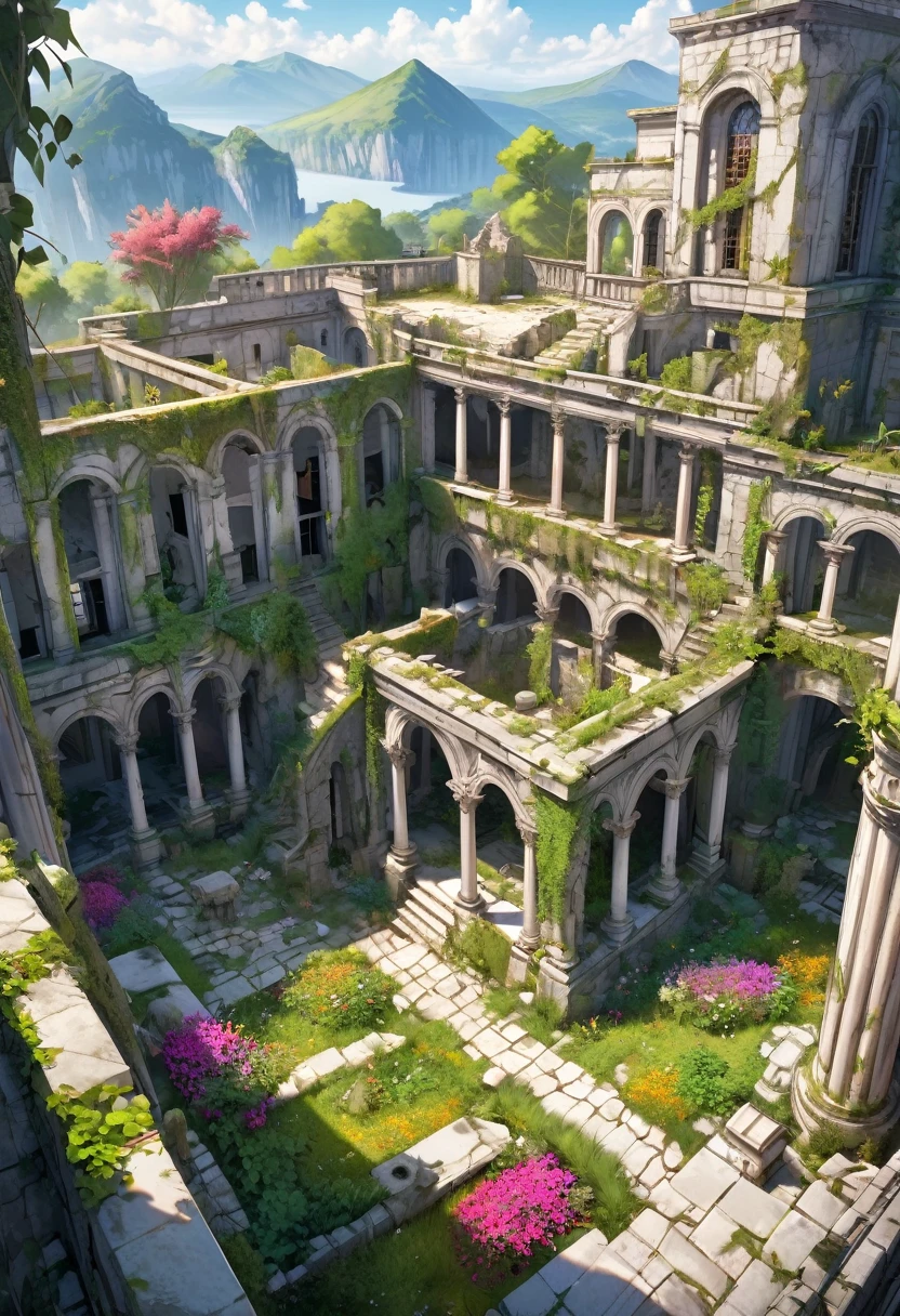 aerial view, Fantasy roman stately house, grey stone, abandoned, ruins, inner courtyard, vegetation, lianas, ivy, wild colorful flowers, stone walls, columns, mountain dirty stone city