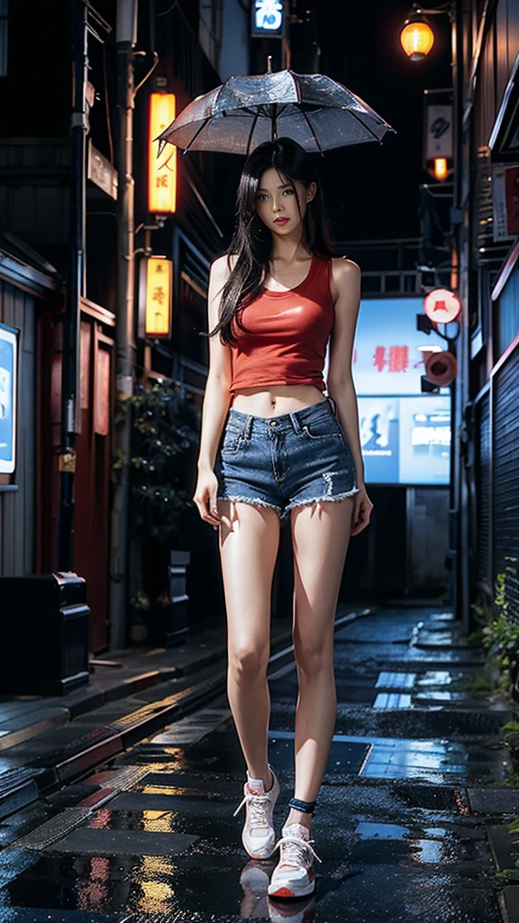 ８ｋ,Realistic skin texture、Superrealism、Realistic photos、Japanese women、、Stand up to your full height. 、Red Tank top, Blue skinny jeans、sneakers、Shinjuku back alley、Innovative Configuration、Full body photo、、A melancholic look、rain 、Black Hair、Kiss face、Large hips、Very Long Hair、Large butt