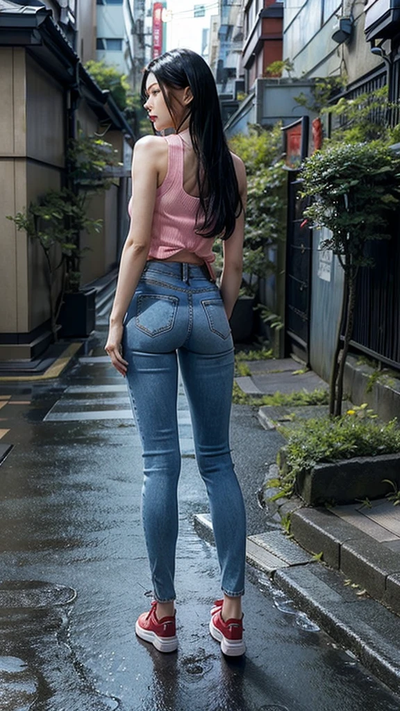 ８ｋ,Realistic skin texture、Superrealism、Realistic photos、Japanese women、、Stand up to your full height. 、Red Tank top, Blue skinny jeans、sneakers、Shinjuku back alley、Innovative Configuration、Full body photo、、A melancholic look、rain 、Black Hair、Kiss face、Large hips、Very Long Hair、Large butt