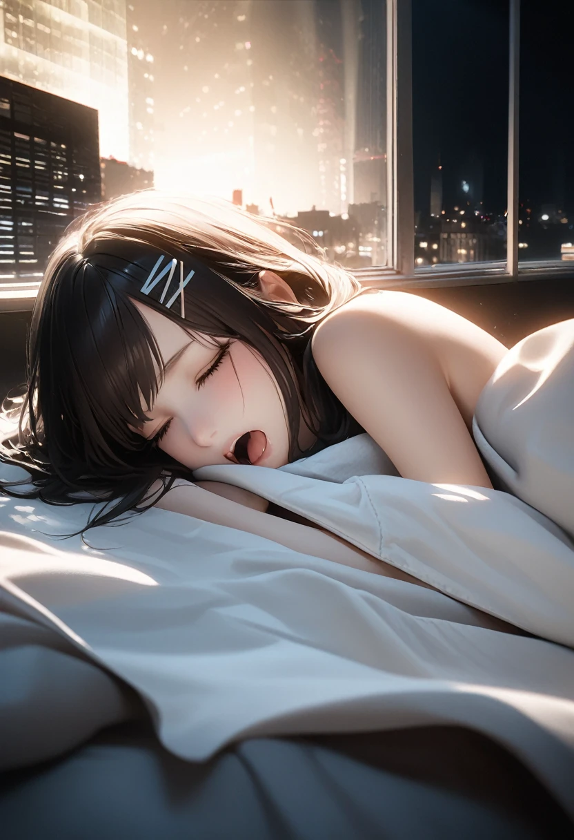 cool beauty, yawns loudly and falls asleep on a sofa wrapped in a blanket, white glossy silky messy wavy short hair, hair clip, perfect proportions, BREAK background the night view of the city center seen from the large window of a high-rise apartment building, BREAK delicate and dynamic textures, contrasts of light and shadow, 2.5D, artistic photography, hyper realistic, digital graphic CG, BREAK ultra detailed, absolutely resolution, best quality, good night