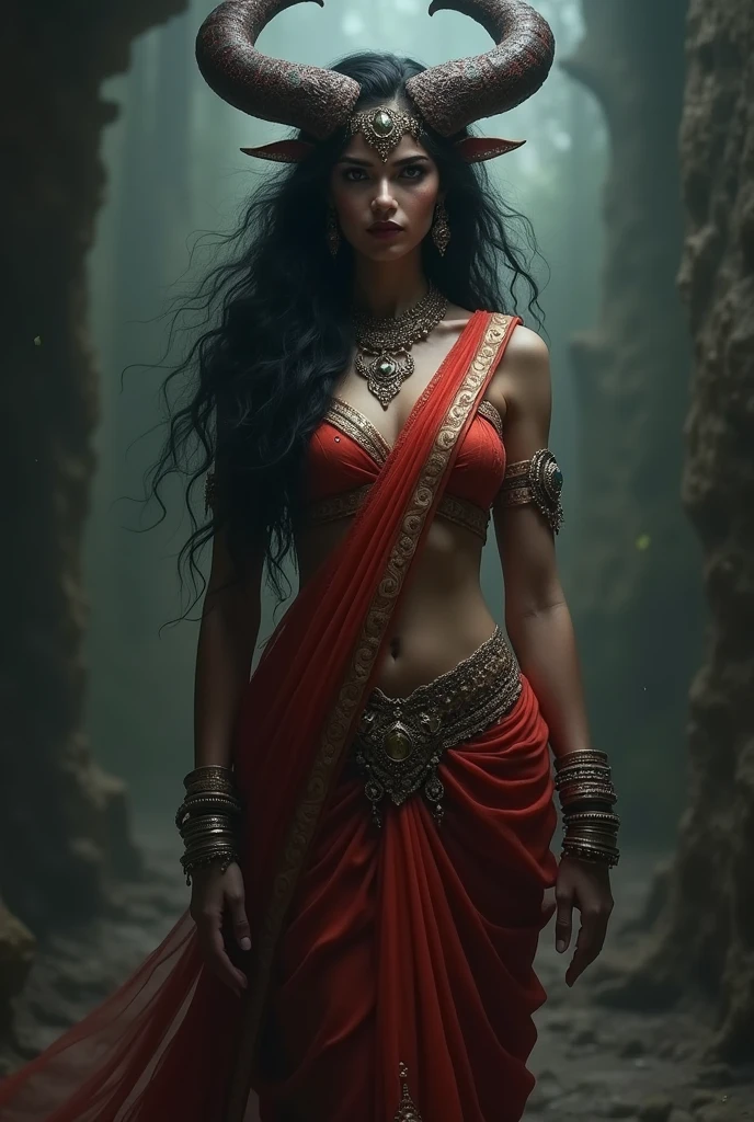 Beautiful indian woman posing, straight photoshoot pose, full body portrait, moonlit night, night time, winter, walking on forest path, detailed face, cute, big eyes, iconic, photorealistic, mountain temple, detailed background, big breasts, sexy thin saree, long wavy hair, cleavage, symmetric face, masterpiece, 8k, ultra realistic