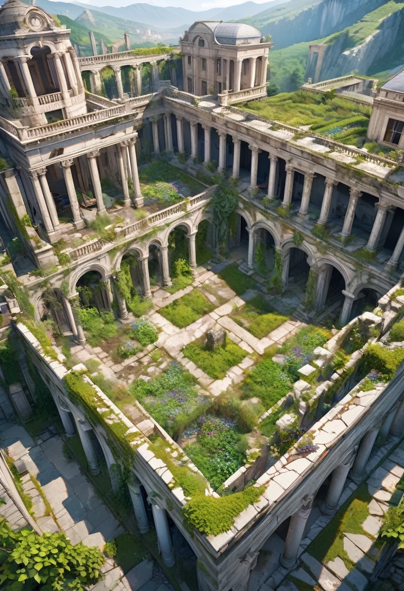 aerial view, Fantasy roman stately house, grey stone, abandoned, ruins, under restoration, inner courtyard, vegetation, lianas, ivy, wild colorful flowers, stone walls, columns, mountain dirty stone city