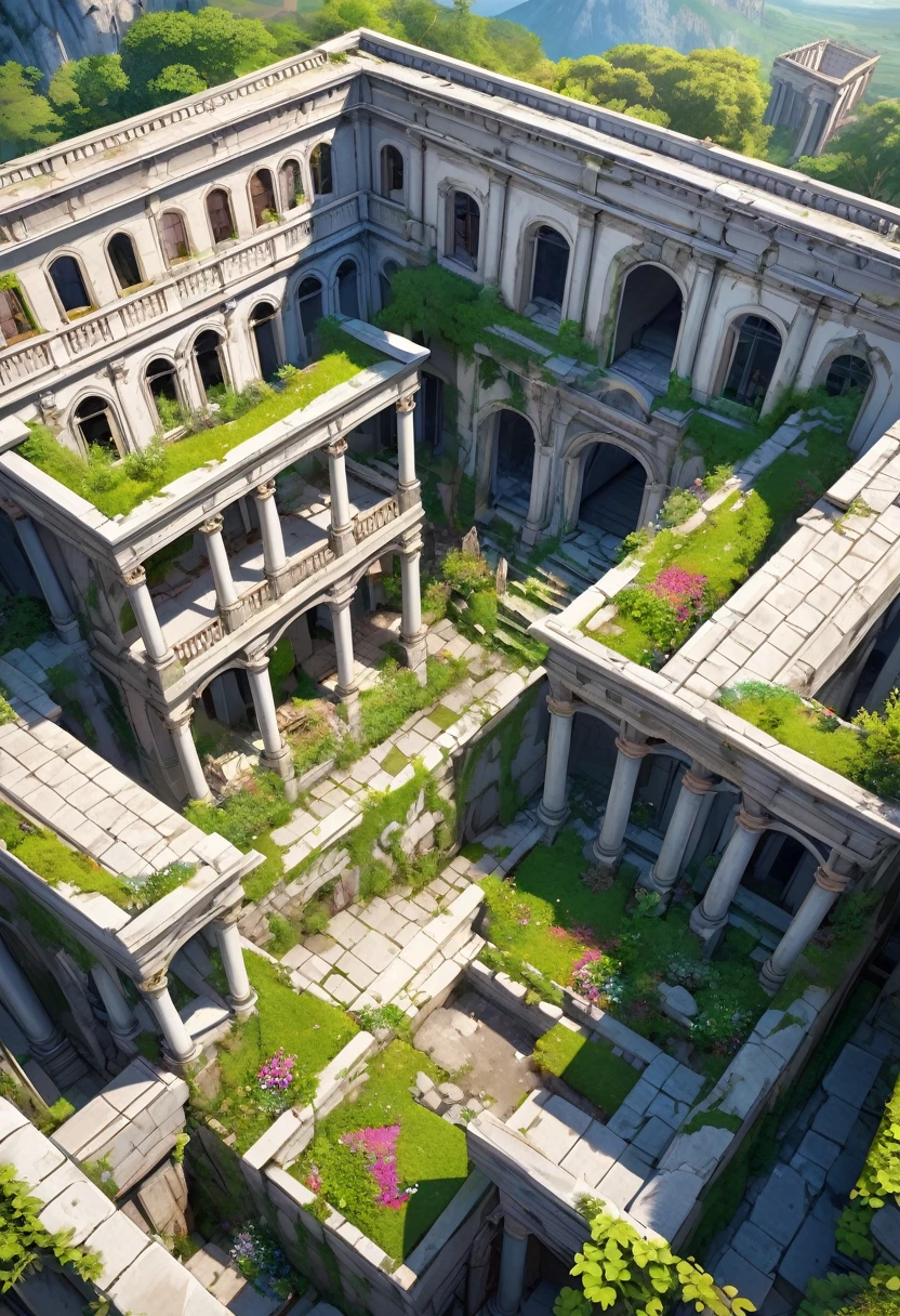 aerial view, Fantasy roman stately house, grey stone, abandoned, ruins, under restoration, inner courtyard, vegetation, lianas, ivy, wild colorful flowers, stone walls, columns, mountain dirty stone city