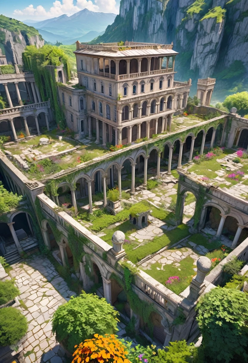 aerial view, Fantasy roman stately house, grey stone, abandoned, ruins, under restoration, inner courtyard, vegetation, lianas, ivy, wild colorful flowers, stone walls, columns, mountain dirty stone city