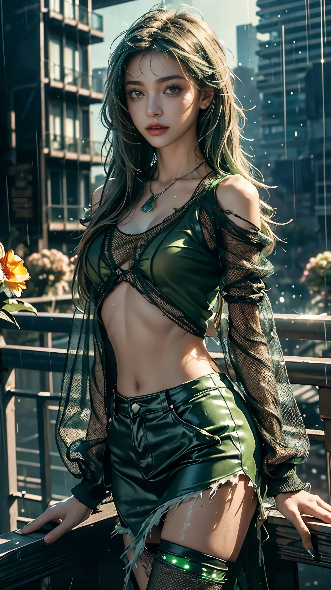 Top quality, masterpiece, ultra high definition, Original photo, 1 Girl, ((mesh sardine)), cinematic lighting, very long hair, detailed eyes, wind, necklace, piercing, ((torn clothing)), ((mesh clothing)), (((green clothing)), ((glowing lights)), ((water)), in the balcony, rain weather, ((flowers)), cinematic pose,