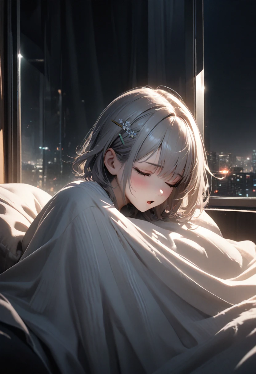 cool beauty, yawns loudly and falls asleep on a sofa wrapped in a blanket, white glossy silky messy wavy short hair, hair clip, perfect proportions, BREAK background the night view of the city center seen from the large window of a high-rise apartment building, BREAK delicate and dynamic textures, contrasts of light and shadow, 2.5D, artistic photography, hyper realistic, digital graphic CG, BREAK ultra detailed, absolutely resolution, best quality, good night