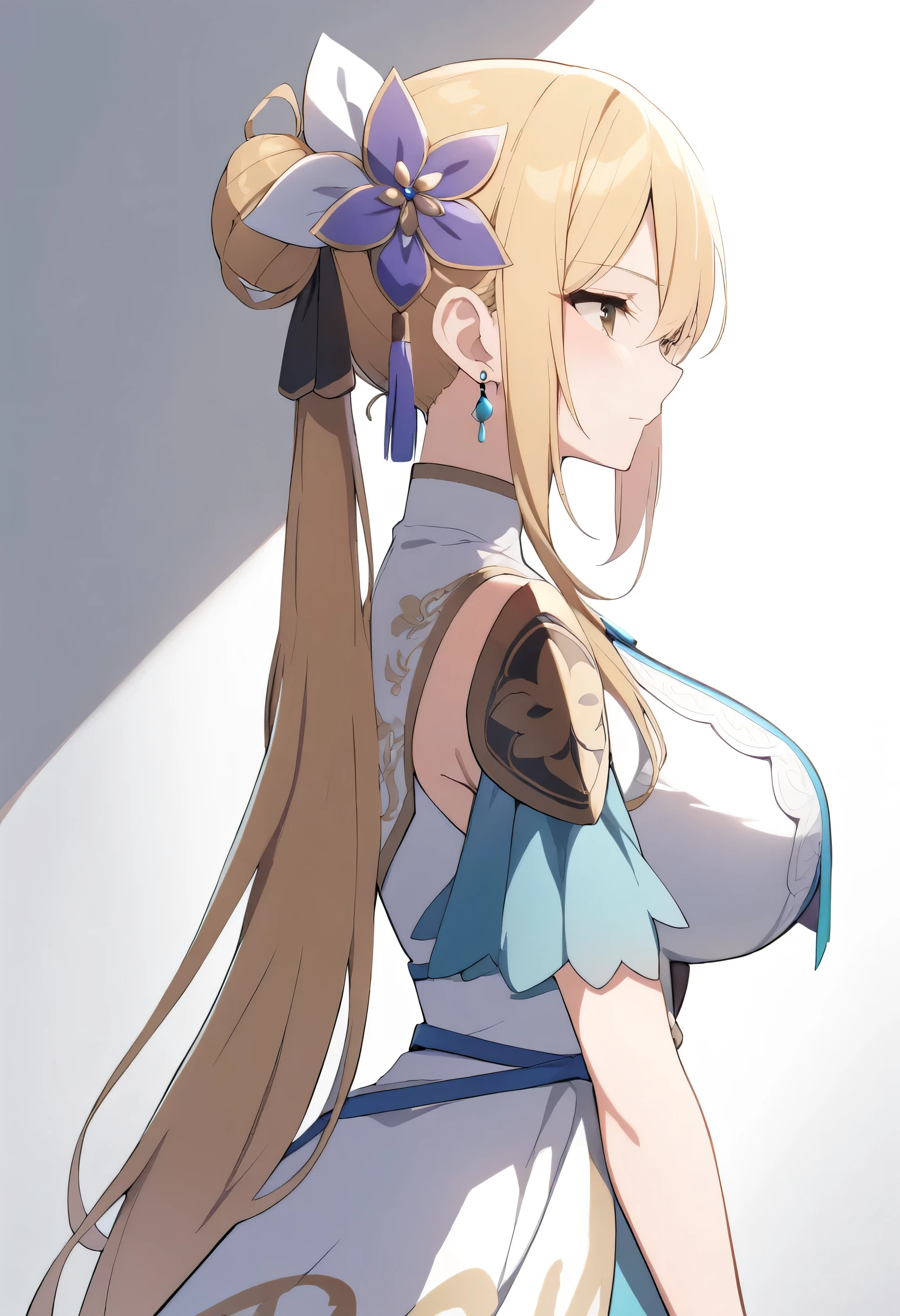 1 girl, solo, blonde, long hair, tied hair, big breasts, dress, hair accessory, earrings, brown eyes, facing forward,