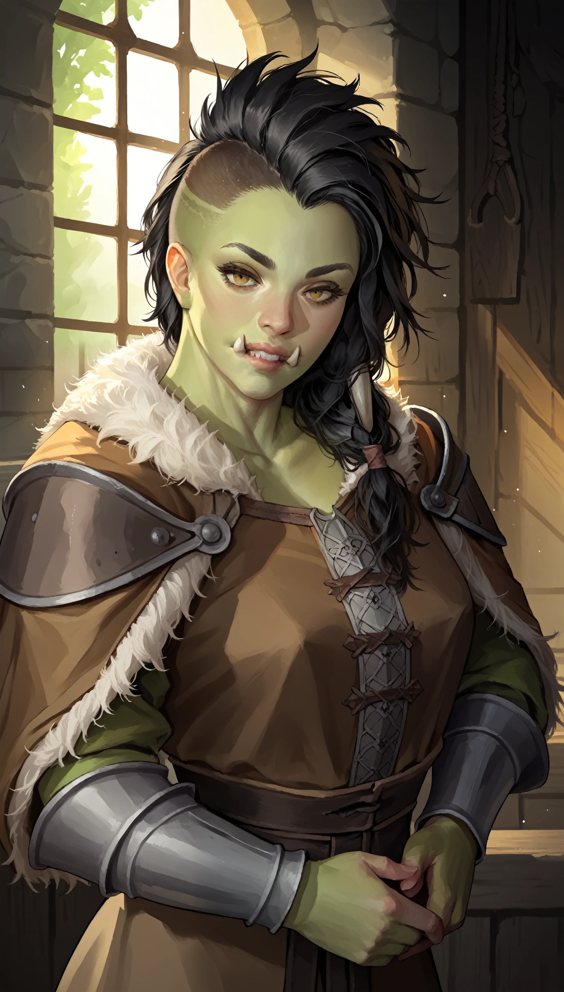 (zPDXL2), (PonyXLV6_Scores), source_anime, Expressiveh, solo, three-quarter portrait, rating_explicit, looking at viewer, asymmetric image BREAK
1girl, portrait of beautiful shewoworc, green skin, teeth, tusks, brown armor, pauldrons, fur trim, black hair, mohawk, medieval room indoors, window, sunlight, volumetric lighting, best quality, masterpiece, realistic