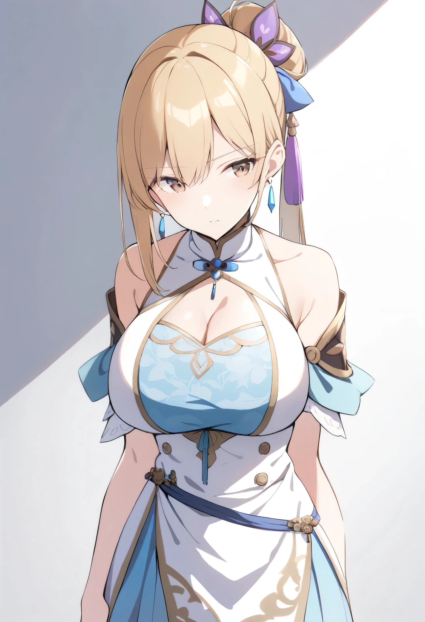 1 girl, solo, blonde, long hair, tied hair, big breasts, dress, hair accessory, earrings, brown eyes, facing forward,