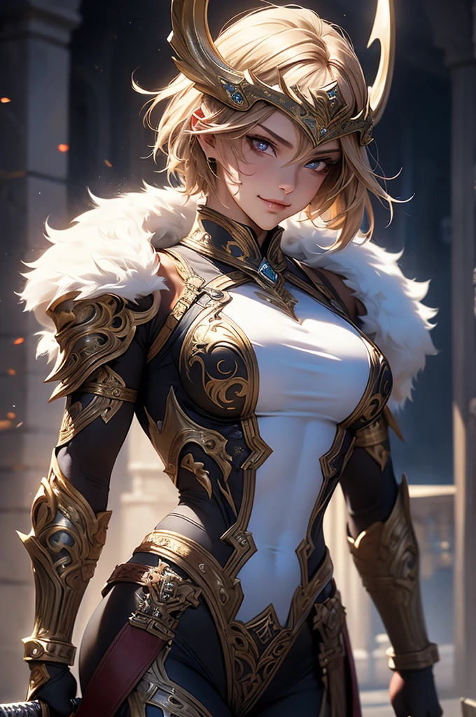 masterpiece,best quality,extremely detailed CG,ultra-detailed,beautiful detailed eyes,1girl,beast girl,muscular,curvy,smirk,bodypaint,blond hair,brown eyes,short hair,holding sword,iron helmet,dynamic pose,