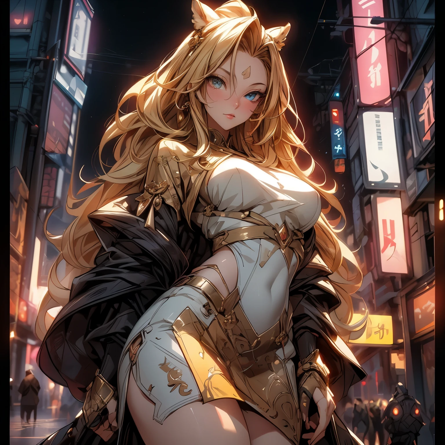 ((best quality)), ((Masterpiece)), ((Enrich the picture，Masterpiece level quality)), ultra background details, an image of a beautiful cyberpunk female, mature woman, fierce woman, cyberpunk theme, samurai woman, cyberpunk, fantasy, ((golden hair, long hair)), beautiful golden eyes, super eyes details, จมูกโด่ง, ปากแดง, หน้าอกใหญ่, perfect proportions, ultra detailed, volumetric lighting, soft lighting, glossy skin, intricate golden embroidery, ต่างหู, slender fingers, close up face, sexy black mini skirt, sexy black mini bikini, แขนตรงแนบลำตัว, Night city,
