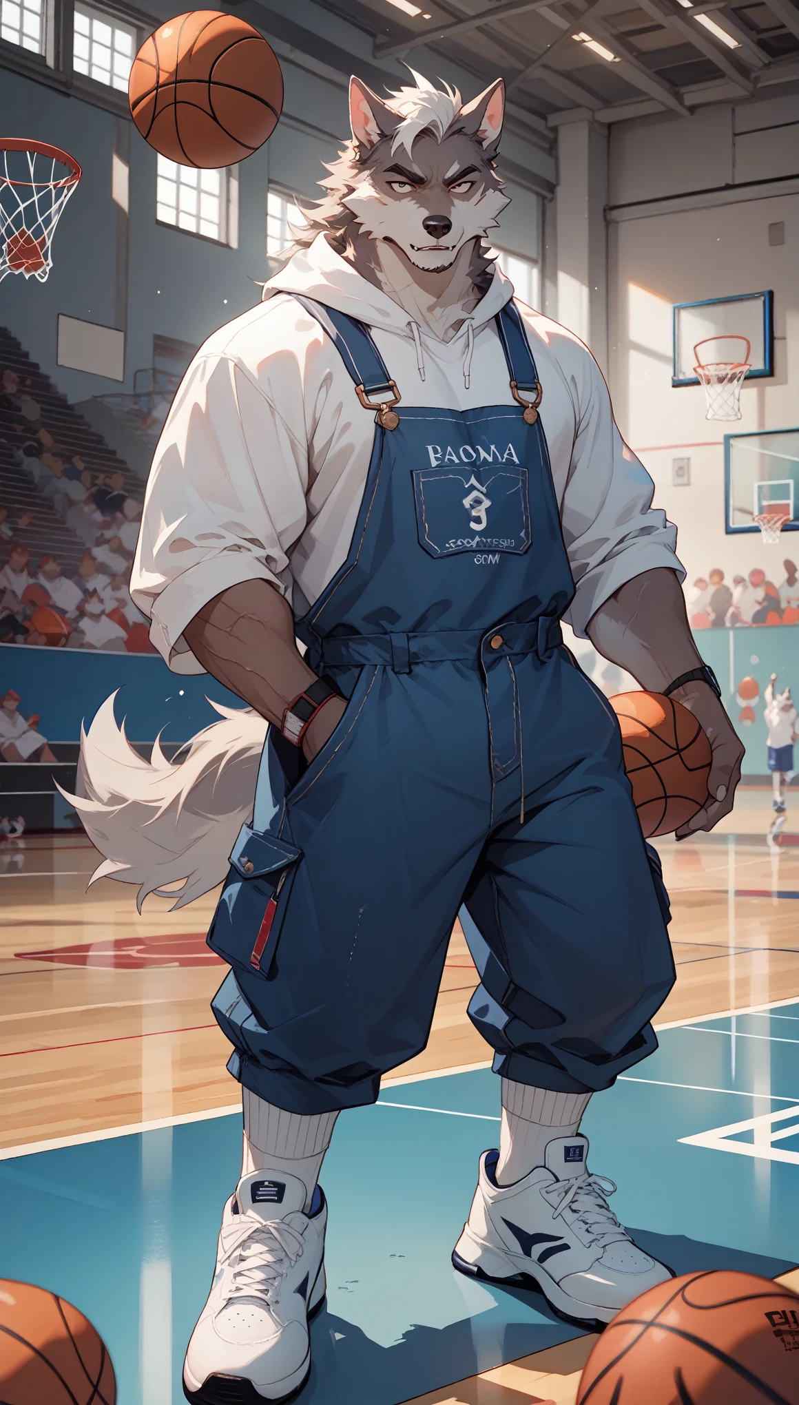 Anime style illustration of a white furry wolf,With hands and feet, Wearing a sweatshirt, Dark blue overalls, and sports shoes. Wolf is shooting at the school basketball court