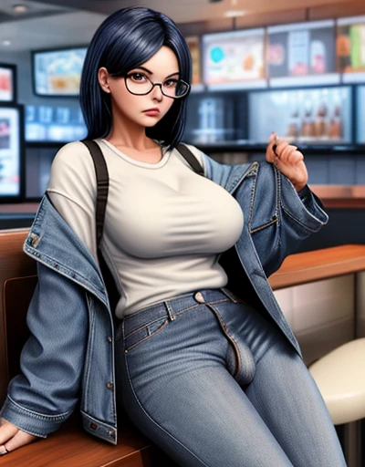 (Best quality), Alone, 1Futa, a slim middle-aged Futanari woman. (The woman has a huge bulge in the pubic area with two huge testicles.), causing a noticeable bulge in her jeans..  She wears glasses and looks like Karen.. annoyed and angry expression. she is wearing blue jeans, White shirt, Short blue jacket and black hair. (Futa_flood). small breasts. Fast food restaurant background.