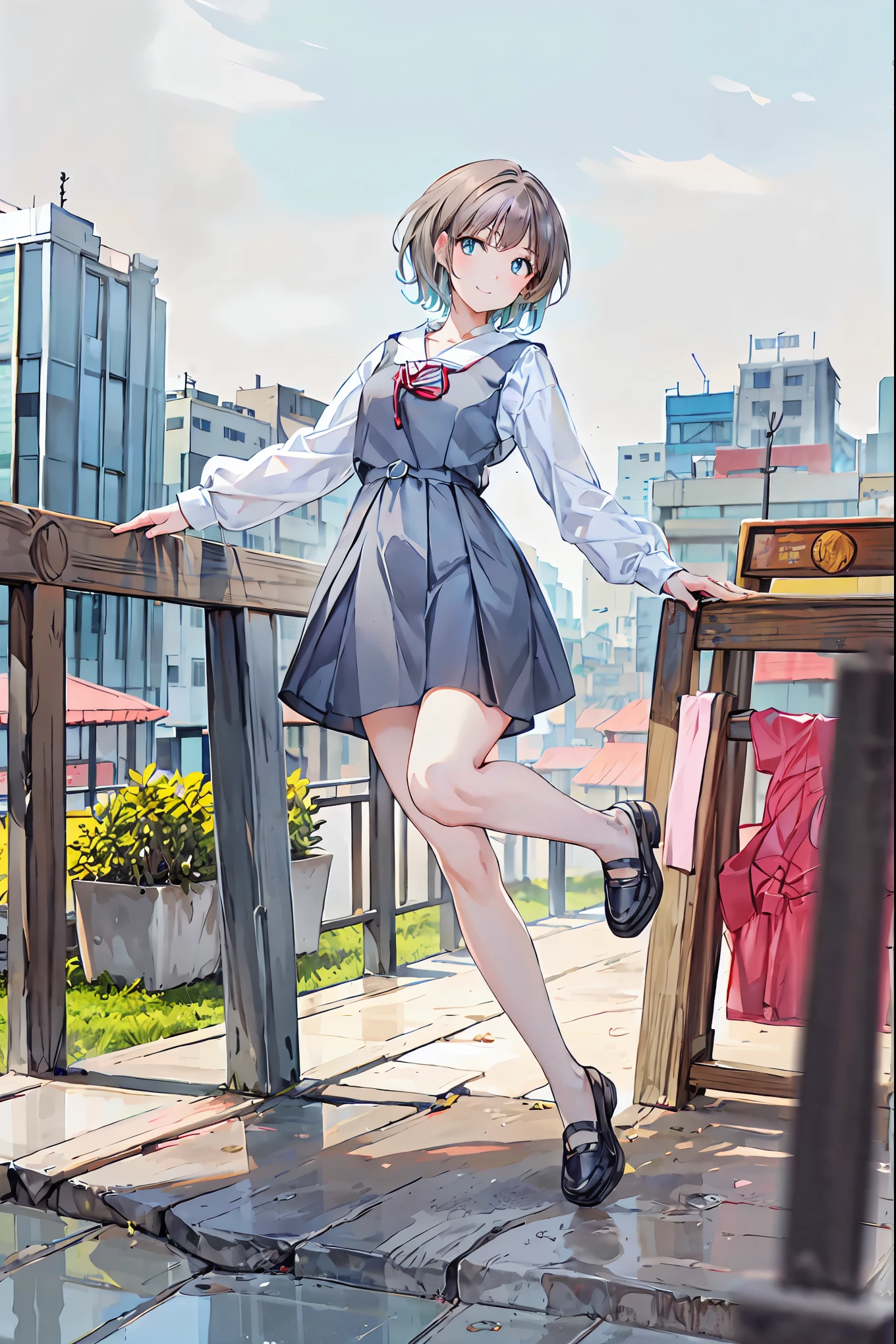  One Girl, Alone, Brown Hair,  blue eyes, View your audience, bangs, short hair, Sailor collar, white Sailor collar, shirt, white shirt, Bobcut, Portraiture, Compensate, The whole body is visible, Background City，Brown Hair，Shortcuts，Messy Hair，Short braided hair，Neat，Slender beauty，A dignified posture，Small chest，Beautiful feet，Her captivating grey-blue eyes shine like stars，Vibrant colors,Beautiful Eyes,A delicate smile,Textured Skin,The best quality at its best,A kind and beautiful woman,Anime Style､