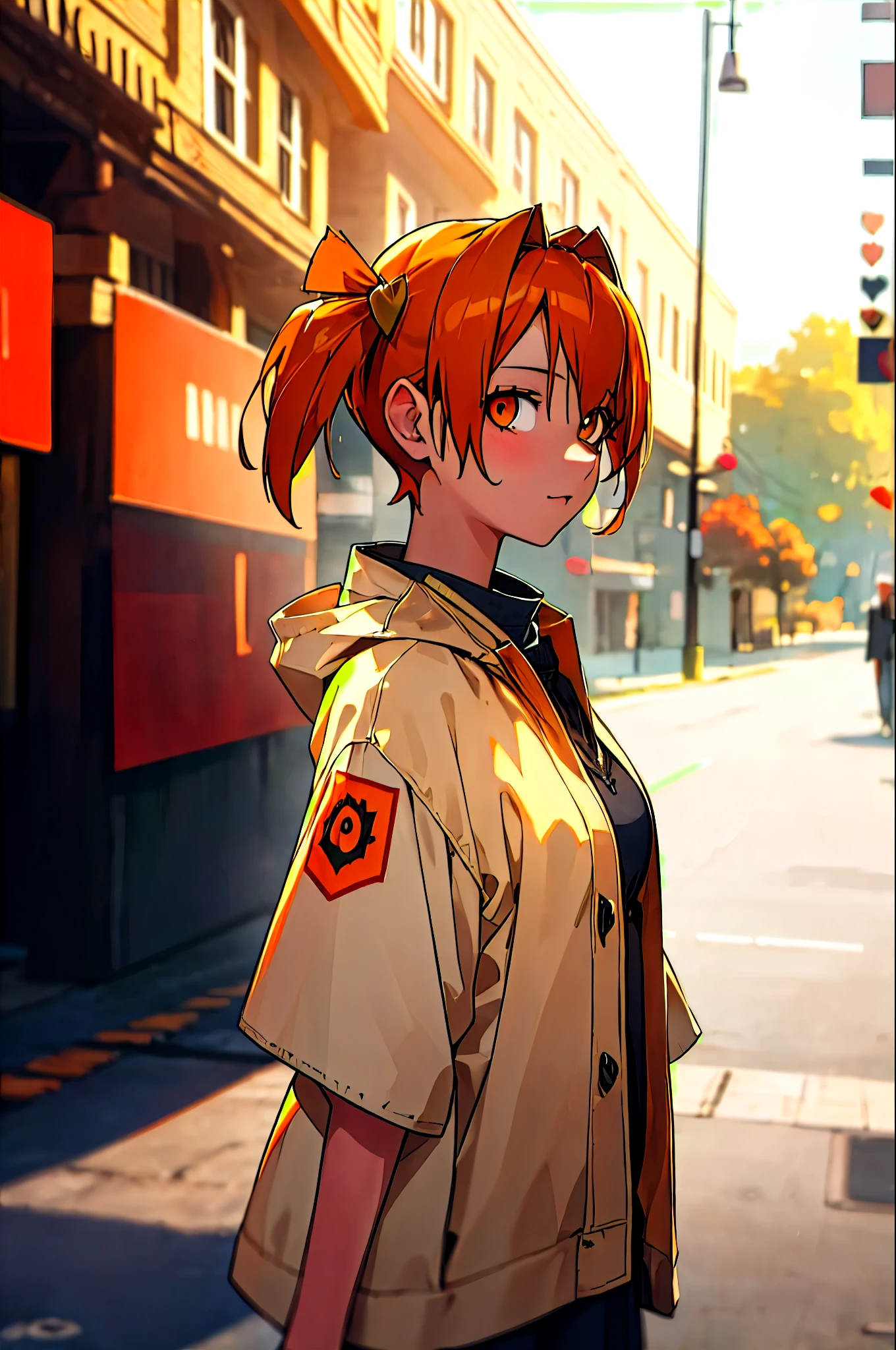 (dark shot:1.4), 80mm, Dvache, 1Girl, One, looks at the viewer, short hair, hair decoration, twintails, upper body, short sleeves,  orange hair, orange eyes, short double ponytails, ,  heart hair decoration , twintails, standing,  Art by Greg Rutkowski and ArtGerm, soft cinematic light, adobe lightroom, photo lab, HDR, intricate, very detailed, jacket, windbreaker, coat, background autumn, autumn street,(depth of field:1.4) 