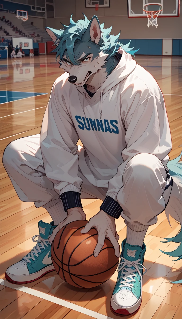 Anime style illustration of a white furry wolf,With hands and feet, Wearing white sweatshirt, Dark blue sweatpants, and turquoise Converse sneakers. The wolf is on the school basketball court，Doing basketball shooting。