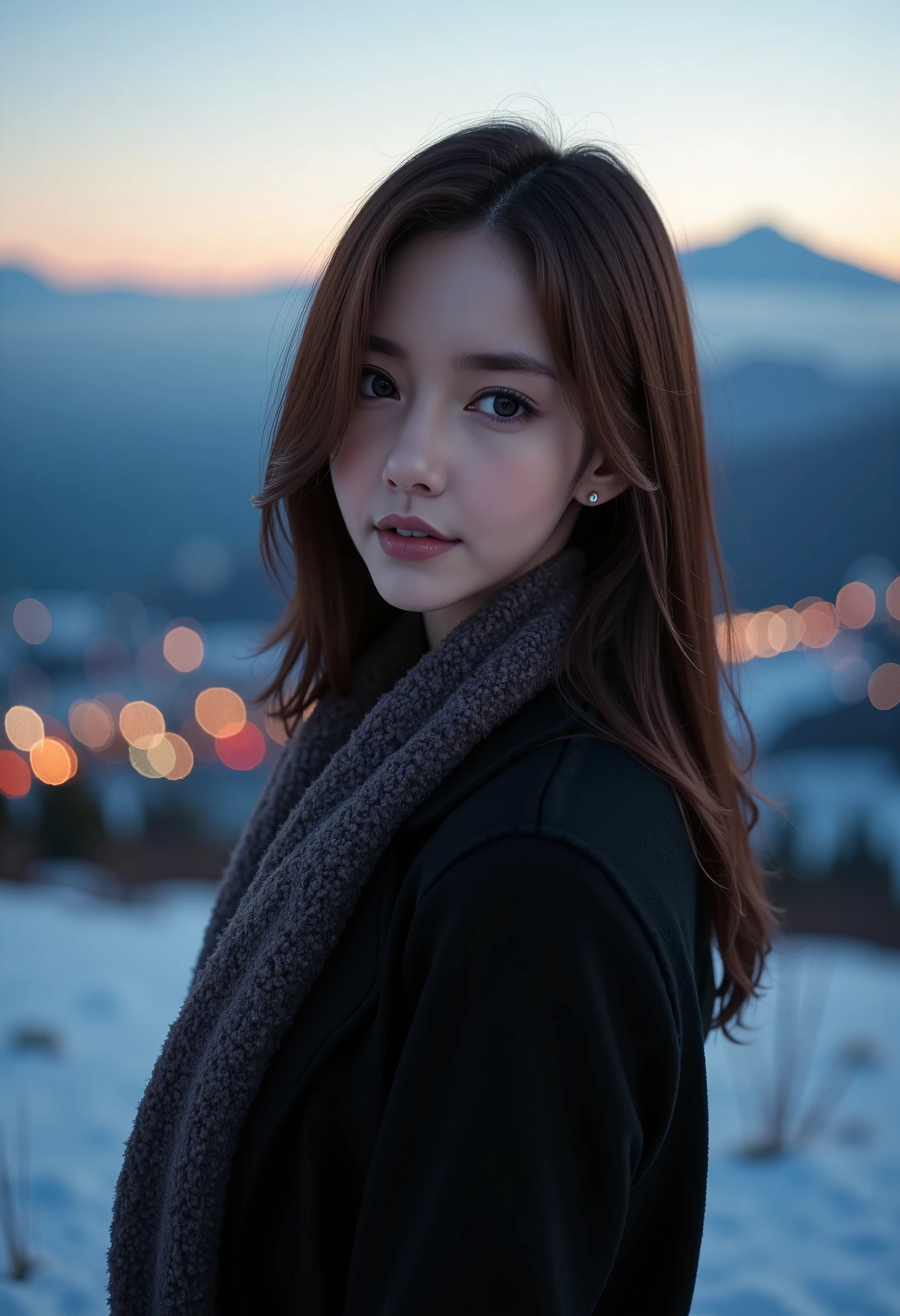 Arafed woman with long hair and scarf standing in the snow - SeaArt AI