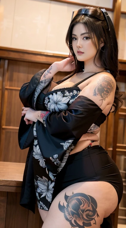 1girl, beautiful girl (24 years old), MILF, Enermous breasts:1.1, seductive smile, beautiful face, blue eyes, long hair, pink hair: 1.2, long hair, bangs, flower hair pin, off-shoulders, bare breasts, holding breasts with hand, breasts grab, pretty bright skin, korean idol makeup look, (full-body), looking at viewers, japanese kimono, black kimono, pattern, open chest cloths, Enermous :1.1, perfect , highest quality, ultra-detailed, hyper detail face, detailed face: 1.2, round breasts, irezumi tattoo style, tattoo on breasts, tttattoo, showing her thigh , tattoo on thigh, sexy thigh, standing, erotic pose