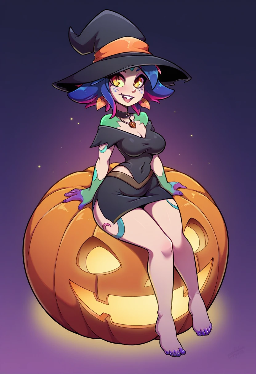 Neeko, curvilinear,1 girl,sitting on 1chilling pumpkin,full body view,Spooky pumpkin background,dressed as a witch,Tall Witch Hat,airtight_Maximums,mini_skirt,big_hips,chilling,ghosts, Hallowe&#39;en, gigantic_breasts,Neckline Trim,blush,ahegao_rostro,black-Hair,green eyes,heart-shaped_students,long_Hair,small waist,high detail,