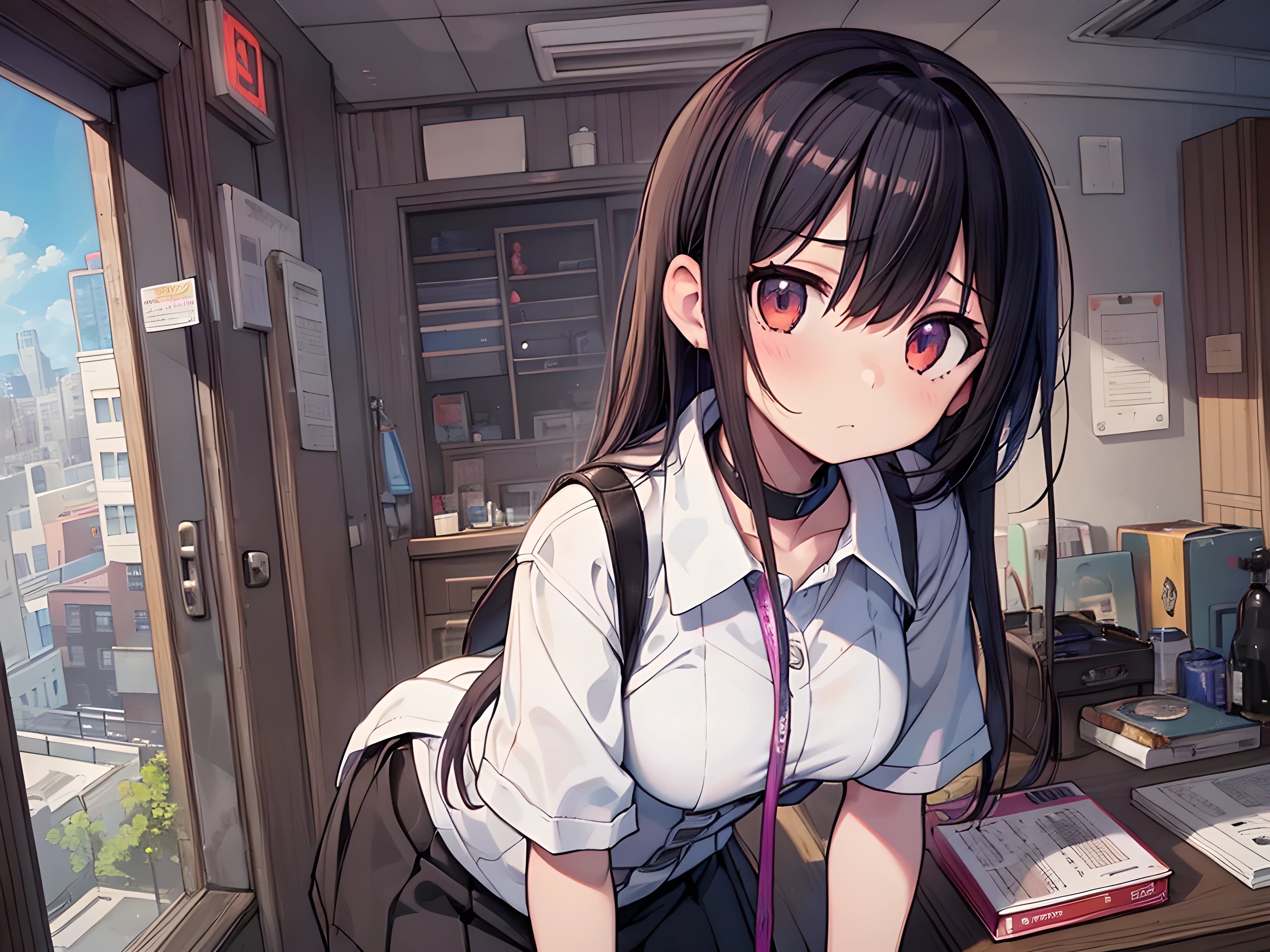 8k, A masterpiece of softcore pornography shot by Kishin Shinoyama, Bast quality,big, RAW Photos, (Ultra-thin contour lines), (1 girl), anime girl, Highlight Eye, Shiny hair, Professional Lighting, (Glowing Skin: 1.2), shiny big, ((Highest quality)), Sharp focus: 1.2, Highly detailed face and skin texture, fine grain, Perfect Face, Perfect body, Blur Art, CG, background, milk, in front (, Cool and beautiful girl face), wear ((School uniform)), thigh), blush, (Porn Cosplayer), (Camel Toe, White panties), Gravure idol style panty flashing, She pulled up her skirt to avoid the heat...、I sat on the desk with my knees raised....。., My favorite girl, Browsing Caution, Focus on the crotch