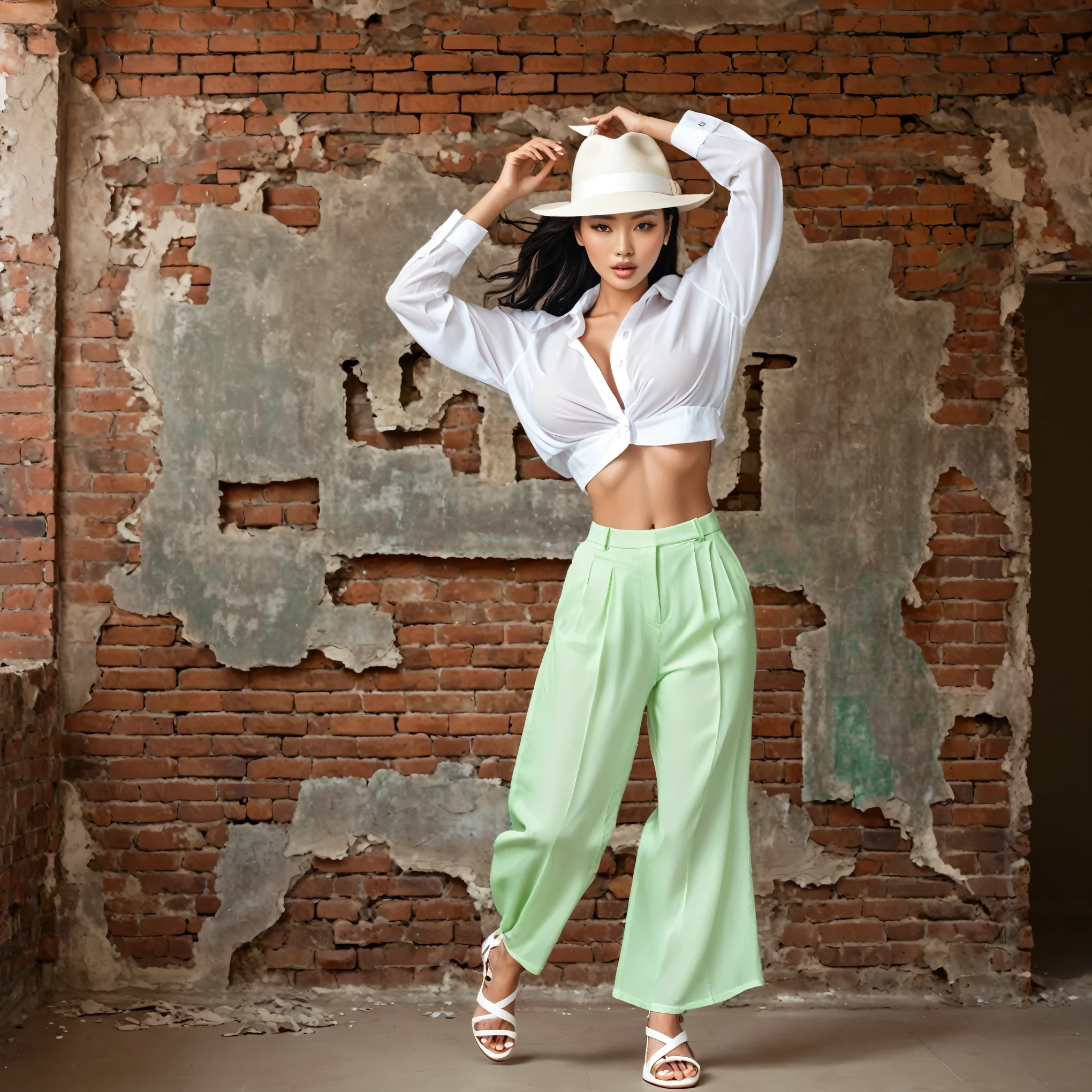 a woman, fashion model, solo woman, mixed race, nigerian-korean model. slim, beautiful, busty model with large breasts. arms raised, touching her hair. disused brick warehouse, white fedora hat, billowing white shirt, cropped shirt, bare midriff, green pants, partially opaque material, translucent pants, loose cotton pants, beachwear bikini, holiday clothing, white strappy sandals, sandals with low platform heel, square toe sandal. full body shot, fashion editorial shot, centre spread, fashion photography, editorial shot. distant shot showing head and feet. brick wall background, faded stencil, arabic lettering, broken plasterwork. natural lighting from window