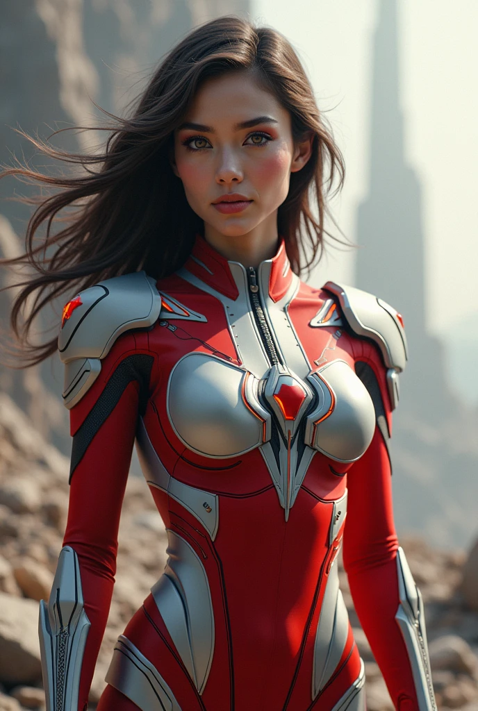 a beautiful girl with long black hair, detailed realistic face, intense gaze, wearing a red iron man style futuristic bodysuit, skin-tight and revealing, in a dynamic action pose, highly detailed, photorealistic, 8k, cinematic lighting, dramatic shadows, vibrant colors, artstation, concept art style