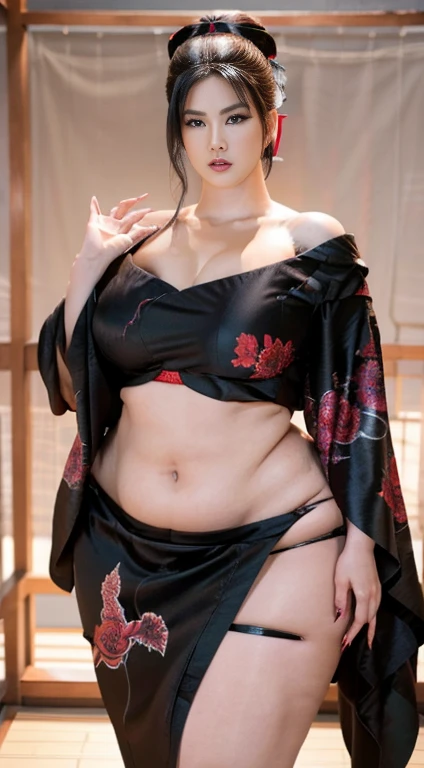 a plus size woman geisha, a black geisha kimono with dropped shoulder, detailed japanese tattoo on her plump body, big thighs with full dragon tattoos, exposed navel, seductive pose, sexy smile, hyperrealistic, 8k, masterpiece, highly detailed, photorealistic, studio lighting, vibrant colors, dramatic lighting