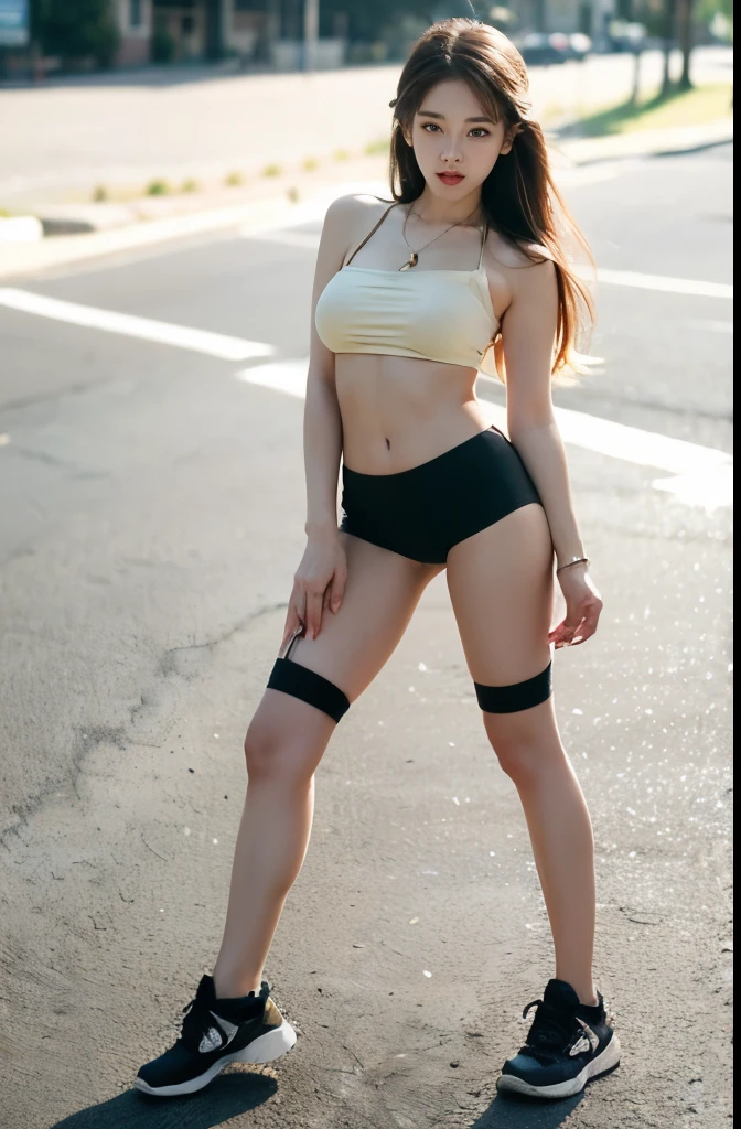 (smile)、(((Staring at the audience)))、Tokyo Street、white short shorts、White sports bra、((Open Stance)),Clean knees、land、Sporty body、Stand and put your hands on your hips、