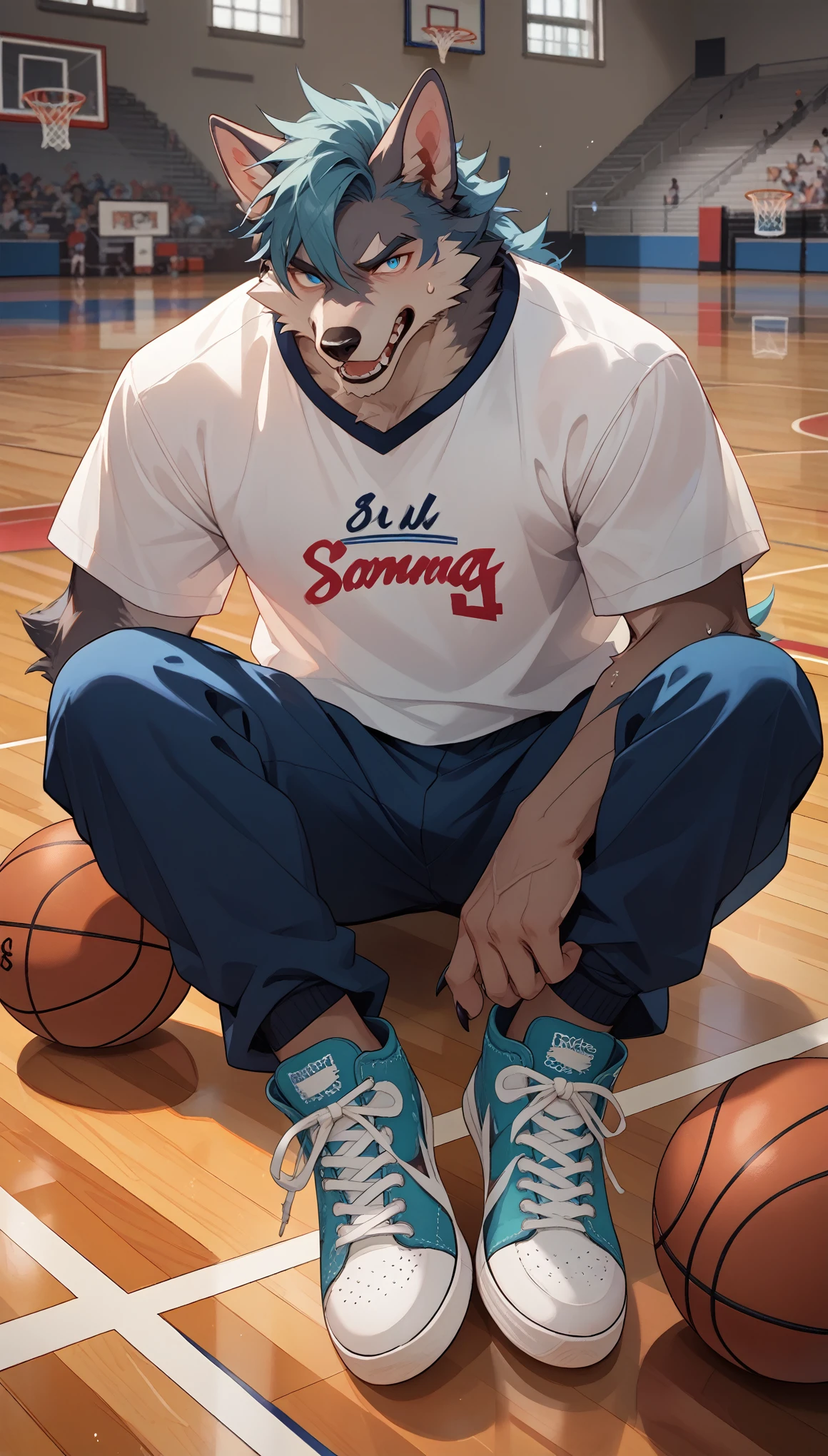 Illustration of a furry wolf in anime style,The hair on the face is white,The hair on the top of the head is blue,With hands and feet, Hands with claws and hair,Wearing white sweatshirt, Dark blue sweatpants, and teal Converse sneakers. Wolf on the school basketball court,Shoot on the basketball court。