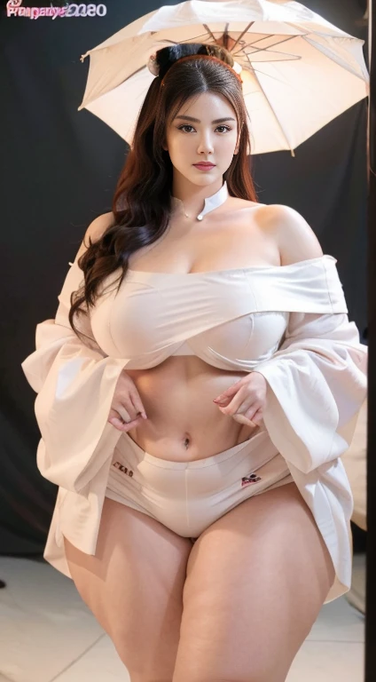 a plus size woman geisha, white short geisha kimono with dropped shoulder, full body tattoos, big thighs, exposed navel, seductive pose, sexy smile, hyperrealistic, 8k, masterpiece, highly detailed, photorealistic, studio lighting, vibrant colors, dramatic lighting