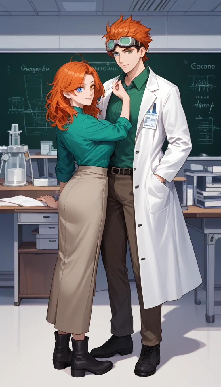 A man with messy red hair,blue eyes,lab coat, brown pants,black boots, goggles, One lens of the goggles is red and the other lens is blue., mad scientist,BREAK,A woman,long orange hair,big breasts,heterochromia eyes,left eye green,right eye yellow,He wears a short-sleeved gray-green shirt with a bow,a long gray brown skirt, robotics teacher, formal teacher,couple 