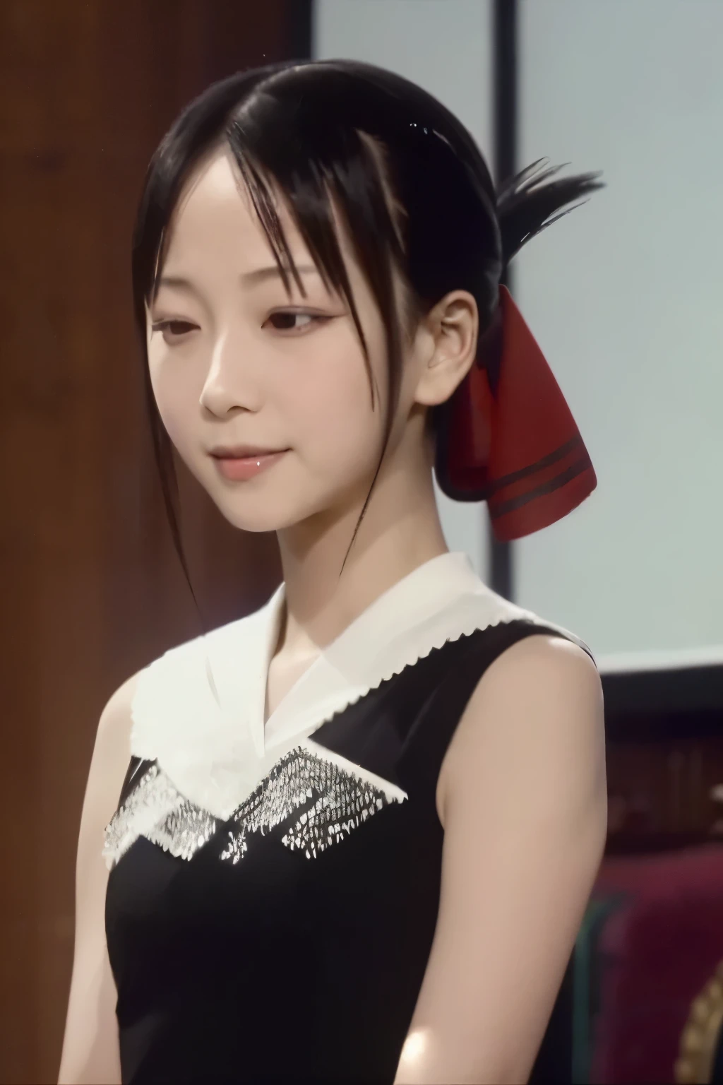 Best Quality, (masterpiece:1.2), detailed,
Kaguya Shinomiya,
One girl, Alone, Mouth closed, Light smile,
Black Hair, Red eyes, short hair, Folded ponytail, hair ribbon, Black Dress, Red ribbon,
standing, Staring at the audience, Medium chest, ((Cum on face, Upper Body))