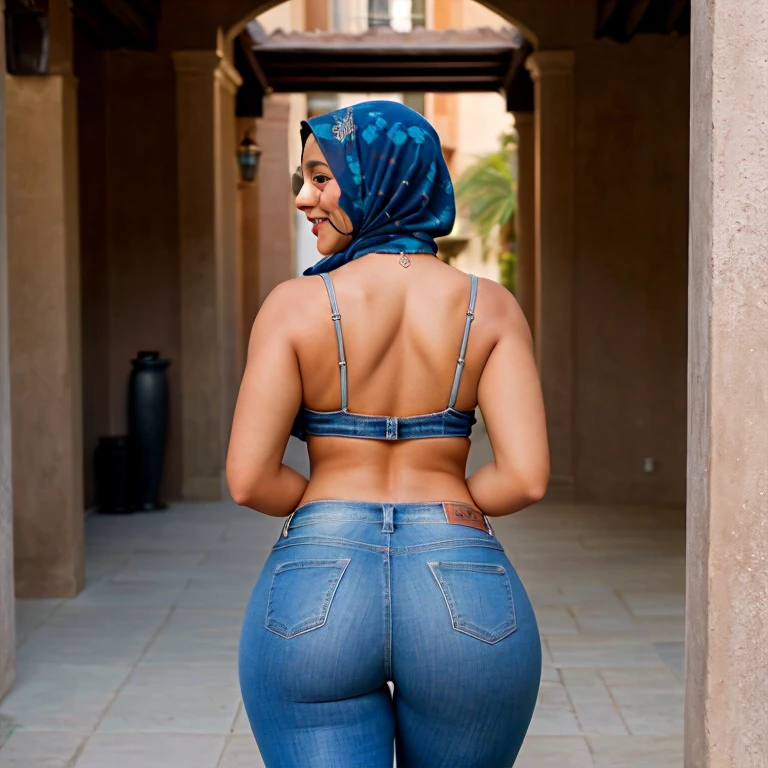 Hot skinny nude Arabic with big  and a trained ass and thighs in the desert wearing a hijab performing a hot dance and wiggling her tits ((front view))