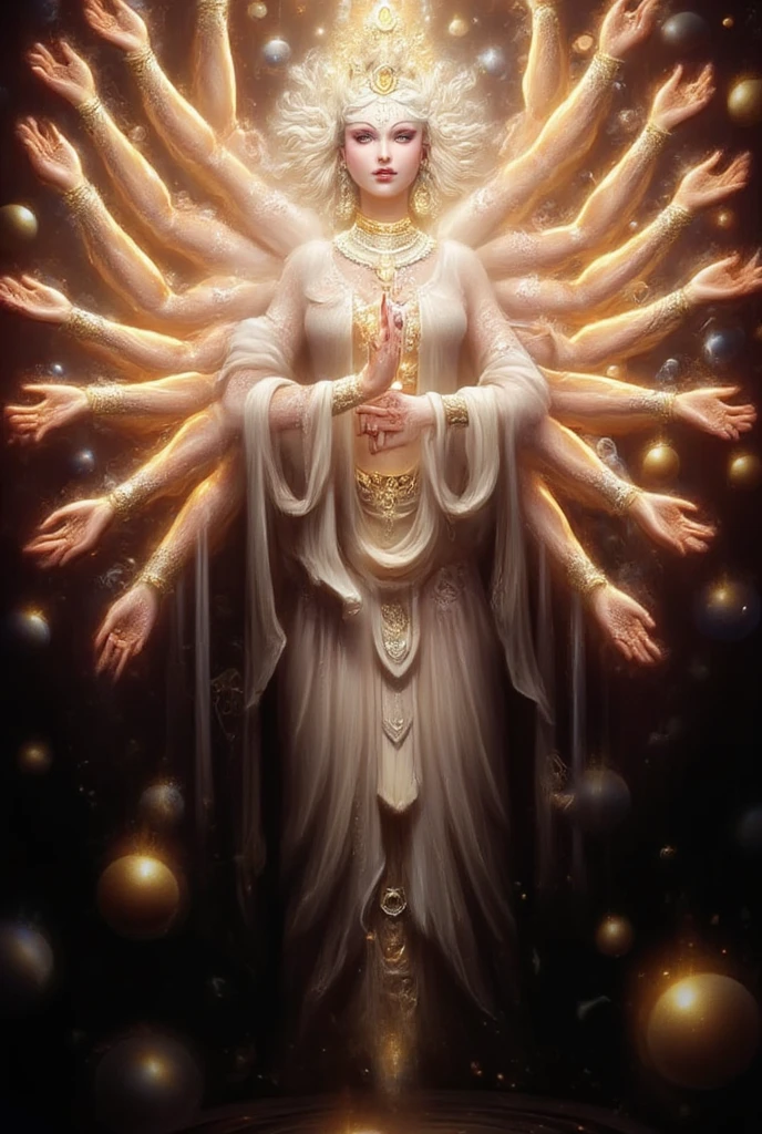 AI image of thousand hands thousand eyes buddha figure。hands holding different weapons