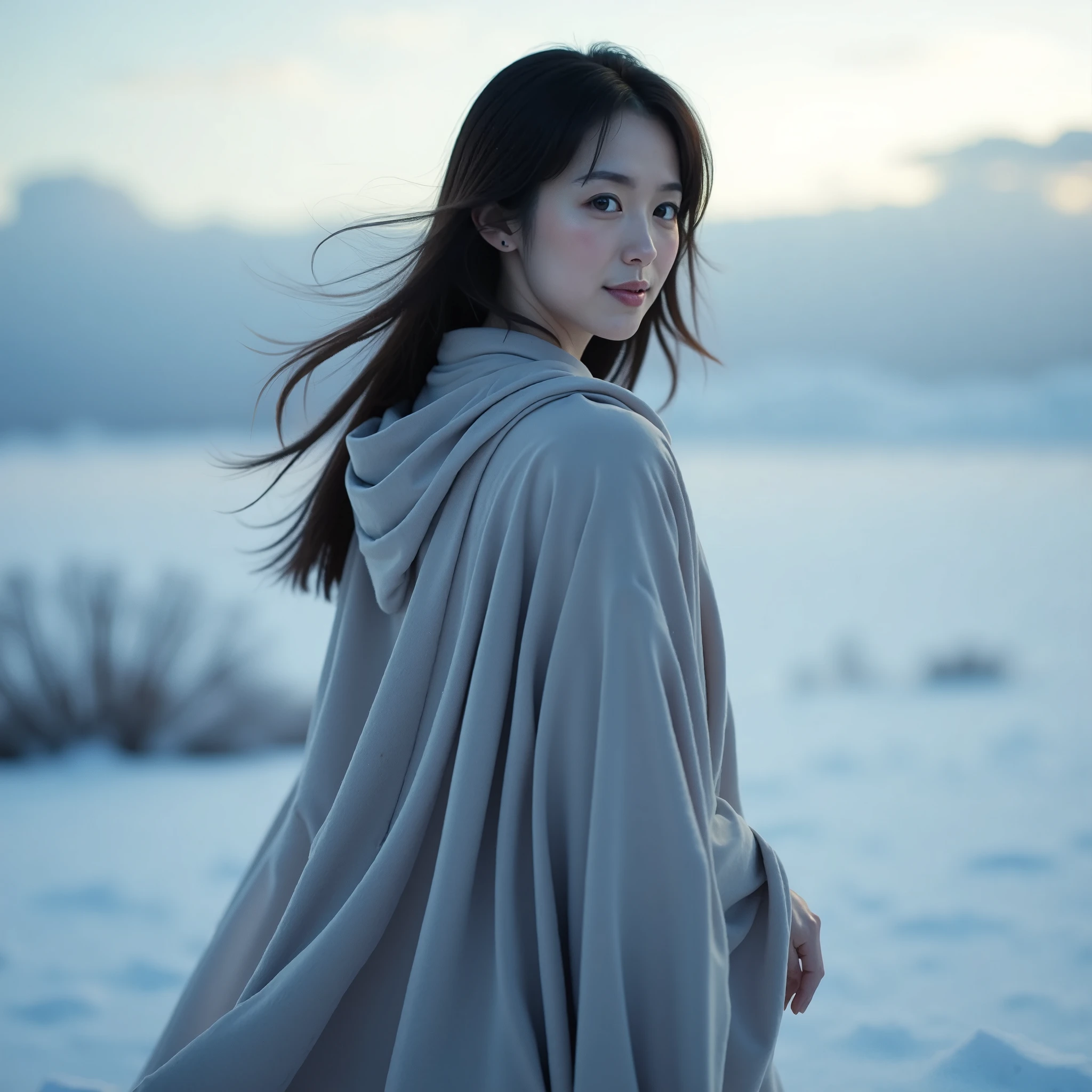 (portrait)y,An Asian slender woman is standing in the snow at dawn. Soft blue sunlight gently casts upon her. She is wearing a long, elegant cloak and scarf, and outside it is still half dark. She is runnnig far away from the camera and turnig back, smiling at the camera. her hair is flowing in the wind.
cool toned picture. ,focused on her upper body
